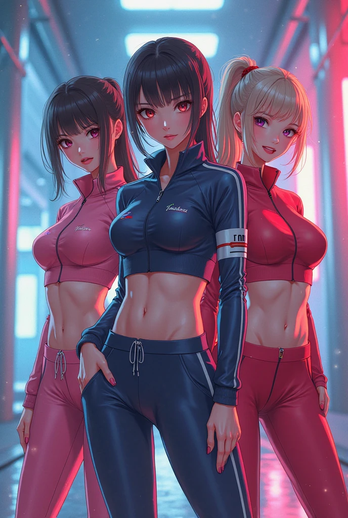 (cute eyes:1.2), (sparkling eyes:1.2), highest quality,wonderful,finely,extremely detailed CG Unity 8K wallpaper, (Stand in line:1.2), (3 girls, cute eyes, track suit, clothed), (midium breasts),  (midriff peek:1.2), (open mouth:1.1), (long tongue:1.1), (mouth drool:1.1), (black stockings:1.1),(Thighs:1.1),(Waistline:1.1) 