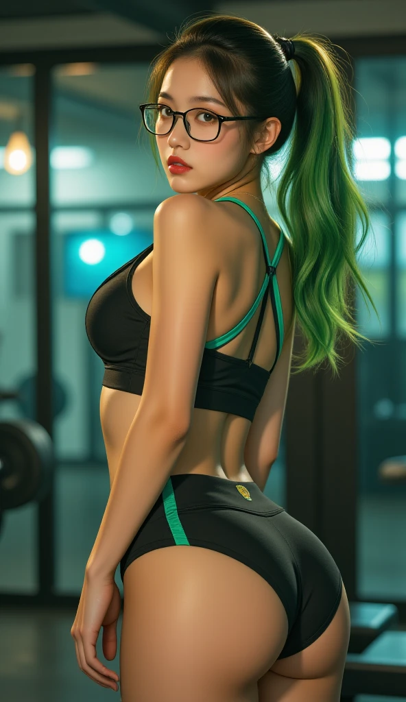 Best quality，tmasterpiece，Ultra-high resolution fills the picture，Indoor at night，Neon lights，Yellow color scheme，Rich yellow,Silver-gray hair，Yellow and white tights，Yellow and white color scheme clothing,the complex background，Weight instruments in the background，High-tech screen in the background，Lateral face，Smiling，Dress less，There are fitness elements in the rear，nike，nike,nike,Tech gym，Perfect makeup，Love eyes，8K quality，Cyberpunk，sense of science and technology，Character backlighting，rim-light，Movement changes，Flowing hairstyle，Loose hairstyle,The number of fingers is refined，6 avatar diagrams，Luminous stud earrings，Luminous digital necklace，Electronic digital watches，The most beautiful girl in mankind，Delicate close-up of the face，Realistic image quality，Super light and shadow，Very good figure，Meticulous，Arrow symbol，Brand sense，English slogan neon，Runway lights，Fitness gym at night