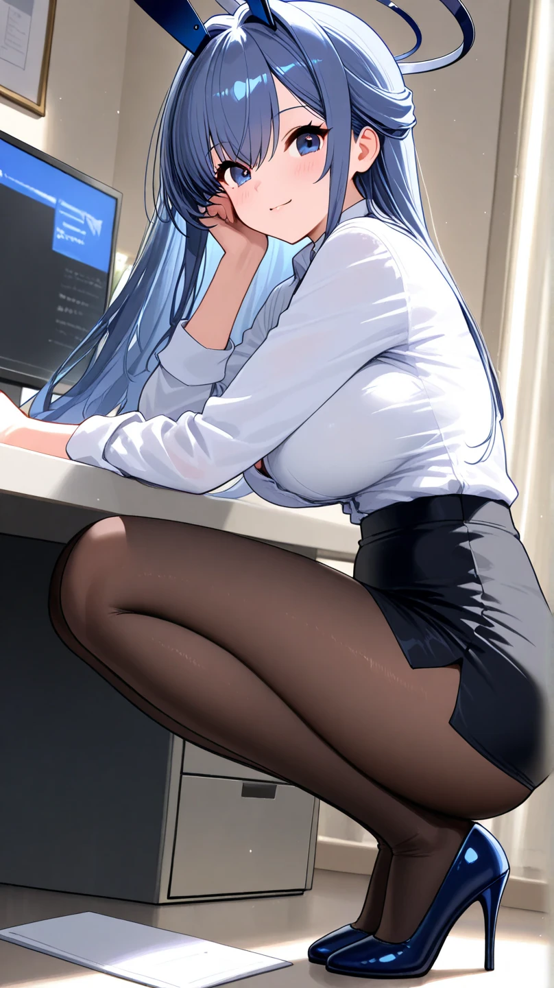 One Girl, alone, ((White shirt)), Black knee socks,, Cleavage,Black panties,Show off your panties to your audience,Spread your legs wide,脚をSpread your legs,I can see your pants,Spread your legs and show me your panties,Her shirt was turned up、Bra is visible,Spread your legs,Black bra,Big Ass,Big Breasts,Low Angle,Chair下からのアングル, Cowboy Shot,uniform, officeの背景, Black Skirt, Pleated skirt, Very short skirt,pantyhose,office,E Cup, Look at the viewers, alone, Thighs ((masterpiece)), sit, Chair, desk work, Computer on the desk, Name tag, ID Day, in house, blush, Sexy pose、Standing doggy style
