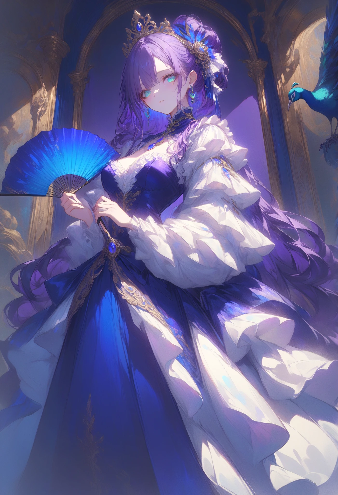 (((Best quality, 8k, Masterpiece: 1.3)), ((best quality)), ((masterpiece)), (detailed), perfect face, sharp detailing, A noblewoman from 18th-century France, facing directly forward, making eye contact with the viewer. She is holding an elegant hand fan made of peacock feathers, richly detailed with iridescent greens and blues. She is wearing a luxurious Rococo-style gown. The dress is primarily a rich blue, adorned with lavender-colored frills as decorative accents. The skirt is voluminous and widely flared, while the waist is tightly cinched, emphasizing an hourglass figure. At her chest, she wears a large, heart-shaped pendant made of blue sapphire. Her hair is styled in an elegant chignon and colored in a deep purple hue. A striking, ornate hair ornament studded with precious gemstones stands out in her hairstyle. The background is a grand, baroque-style palace interior. The lighting is soft and royal, emphasizing the opulence and elegance of her attire. Full body view, symmetrical composition, looking straight ahead