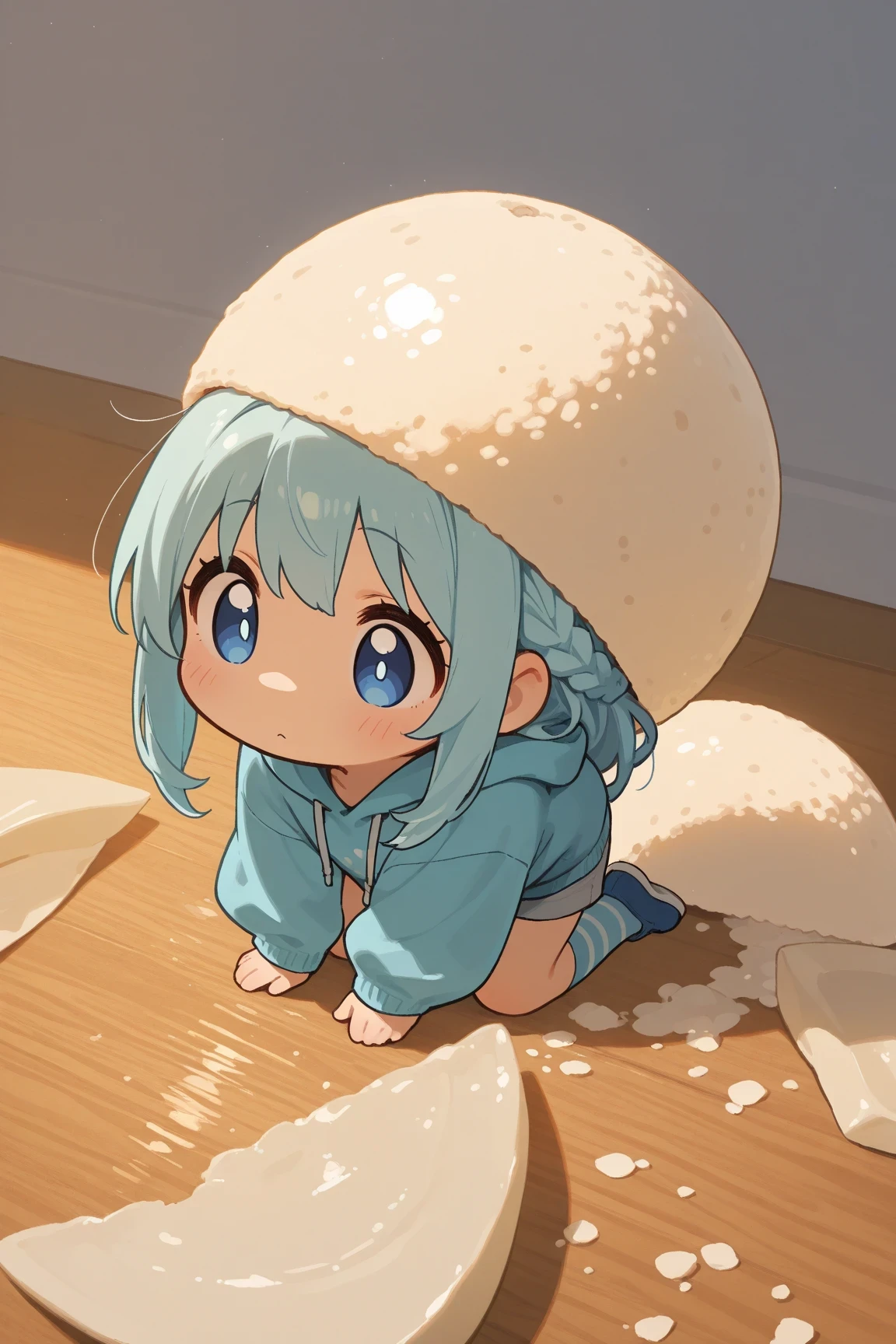 solo,beautiful girl,解剖学的に正しい,OKMCN\(French braid hair,light blue hair, long hair, fluffy hair,big sparking eyes,no nose,small mouth,blue shoes,light blue hoodie,gray short pants,blue and white striped knee-high socks\),she has a big 🍙(\Japanese rice ball\),cute illustration,8k,HDR,(masterpiece,best quality)