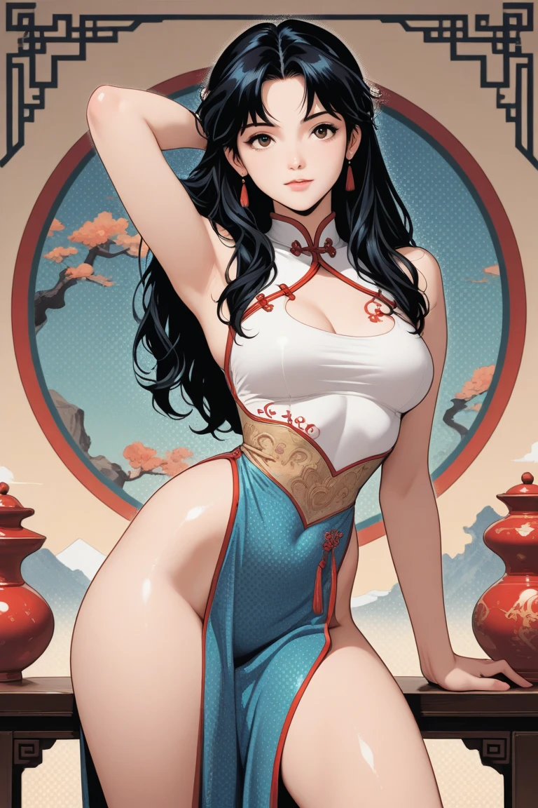 tmasterpiece， Best quality at best， 1girll， 独奏， Han dynasty bathrobes， Large breasts， （white under lingerie， white thighhig：1.2）， spread spreading ass， hands on own ass