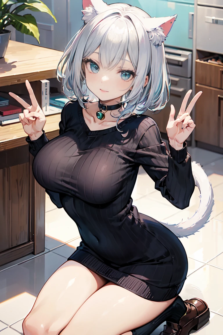 (masterpiece), (best quality), (High quality), (perfect anatomy), (perfect hands),BREAK, expressive eyes, perfect face, 1girl, (grey cat ears: 1.5), BREAK, (medium hair, grey hair: 1.6, pixie cut), BREAK, (big eyes, perfect eyes, blue eyes, thick eyelashes), BREAK, (thin eyebrow), BREAK, (short height), slim bulid, BREAK, smile, open mouth, blush, BREAK, (medium breasts), BREAK, (black tubetop: 1.4, cat cutout: 1.4), (cat paws gloves: 1.4) BREAK, (low-rise pink shorts: 1.3), (white stockings), BREAK, (standing on one leg, cat pose), (full body), BREAK, (view from front: 1.5), (streaming room, rgb lightning), BREAK, ( face_focus), looking at the camera,
