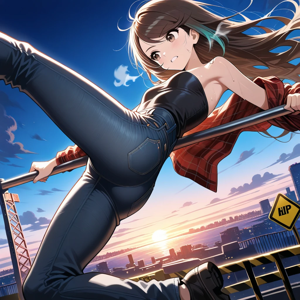 A 14 year old girl with dark brown hair, green eyes, open jeans jacket and a black shirt underneath, blue jeans pants and a museum in the background