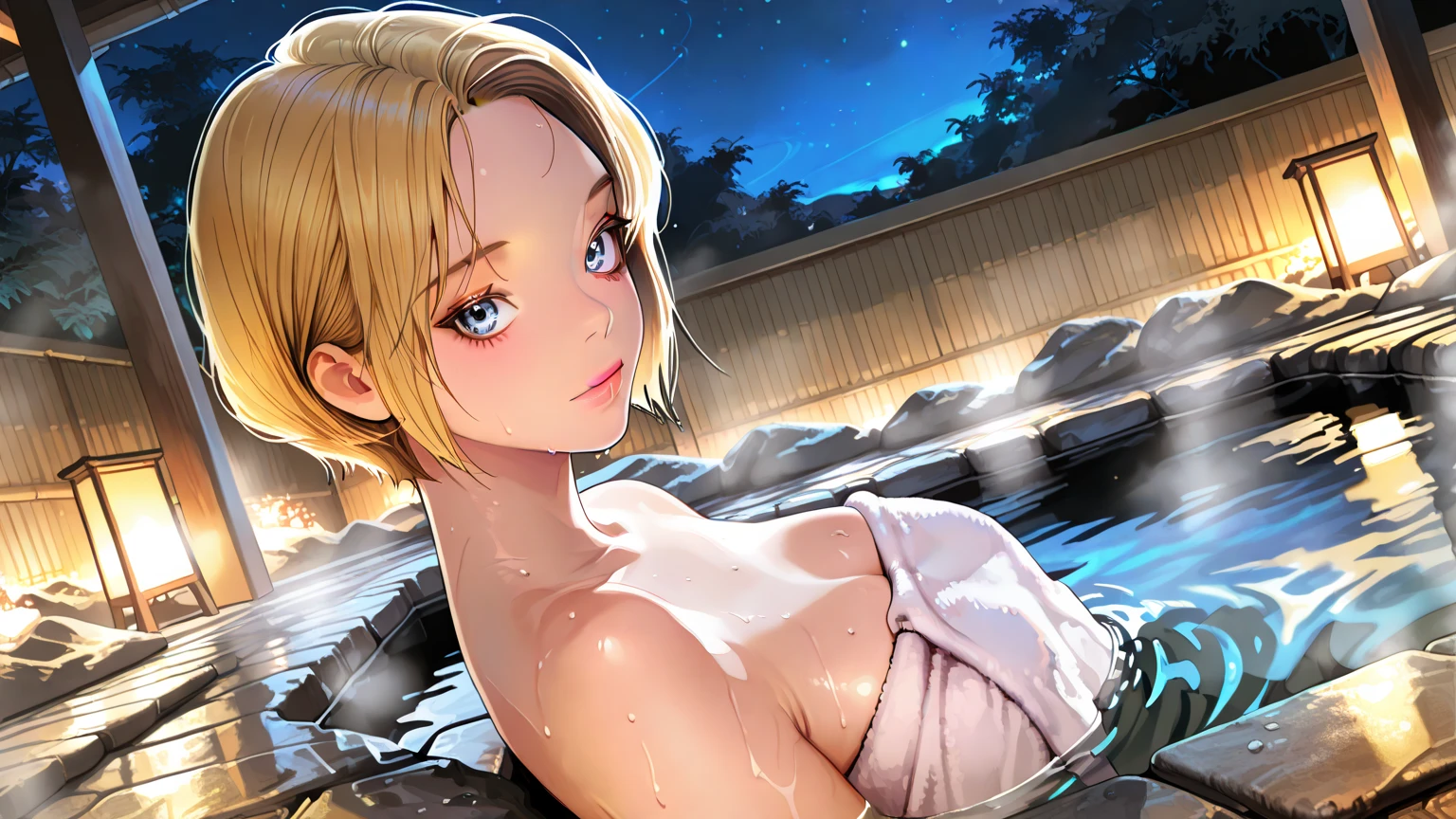 Altas Resoluciones, {saber_fenestaynightufotable:1.15}, rubio_cabello, Ahoge, verde_ojos, cinta, cabello_cinta, trenza, azul_cinta, corto_cabello, anime_colorante, Looking_en_espectador, cabello_entre_ojos, La mejor calidad, Obra maestra,phSaber, phAltoria, 1girl, solamente, Trenza francesa, resplandeciente, tenencia, Hair bun, Parte superior del cuerpo,saber, artoria, green eyes, house, bath, bathing, breasts, armpits, desnudo, nude