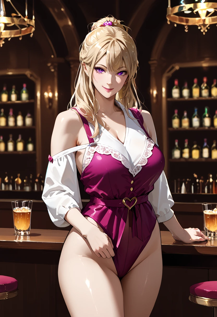 beautiful detailed photograph, blonde hair cascading over her shoulders, standing in Bar looking at the viewer, smile