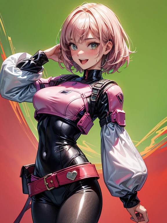 (highest quality:1.2), a 20-years-old girl is standing, trembling with rage,raised both hands, clenching her fists, free from brainwashing, front view, looking up the ceiling,  a photorealistic cute fighter, beautiful face, European face, heavily make-up face, noble face,  large eyes with heavy dark eyshadow, dark blue eyeline, bloody-red lip, angry face with hostility to her master,, Short-cut pink hair, upper body portrait above knees, wearing long sleeve  leotard,tight-fitting and extra shiny black leotard, wearing fishnet bodysuits, wearing red belt