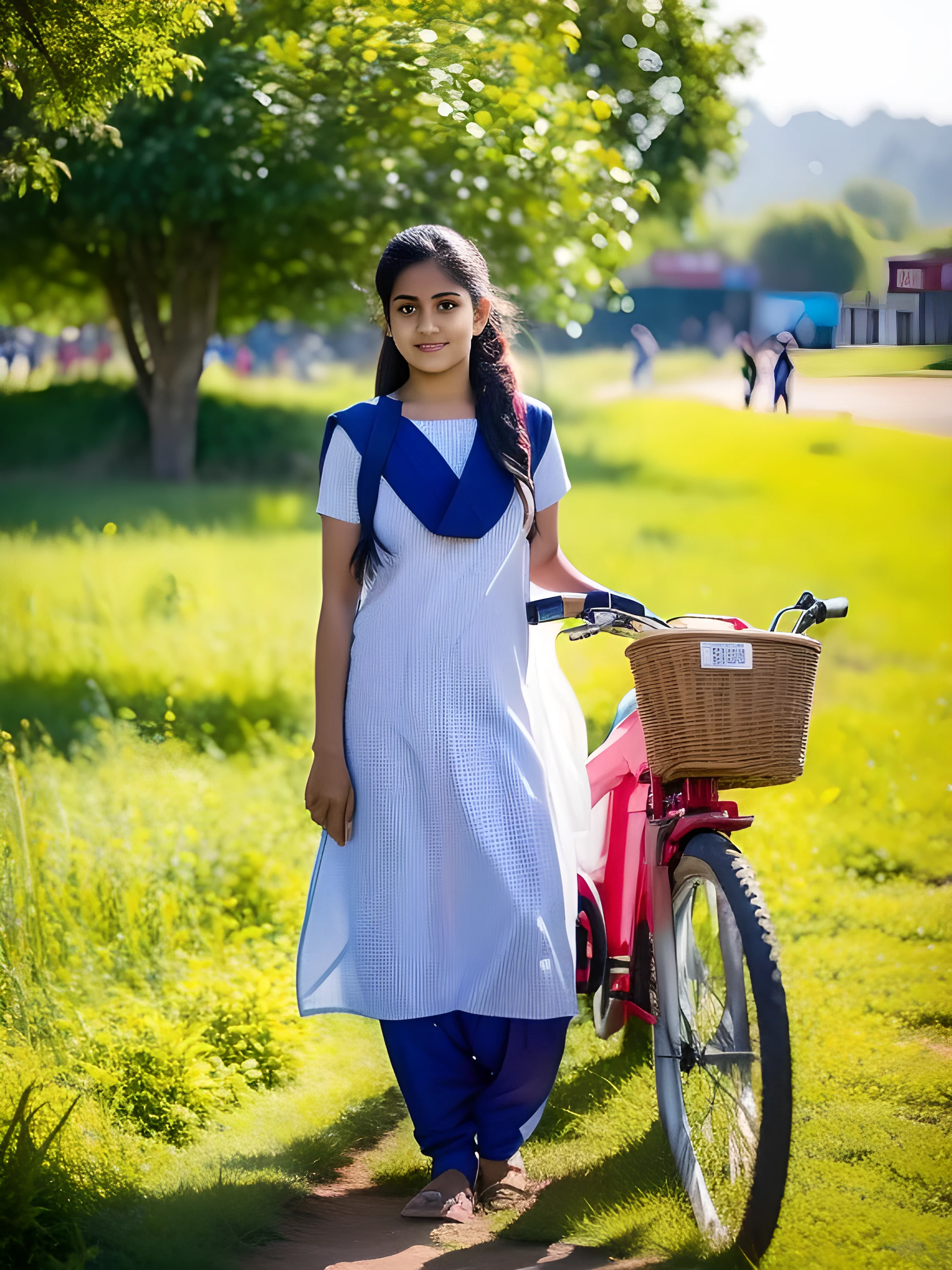 salwar kameez, school girl, bicycle, beautiful young indian schoolgirl wearing traditional salwar kameez dress, holding bicycle, standing in lush green meadow, natural sunlight, colorful flowers, detailed facial features, warm expression, serene atmosphere,4K,high quality,photorealistic,professional photography,natural bokeh,vivid colors,intricate details