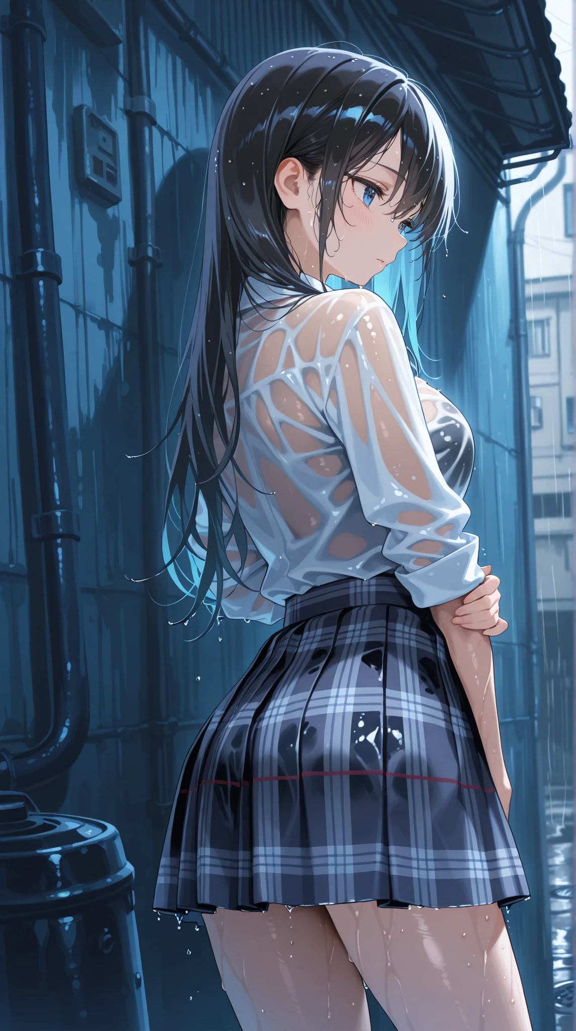 Rainy Back Alley, female, Plaid Skirt, Wet