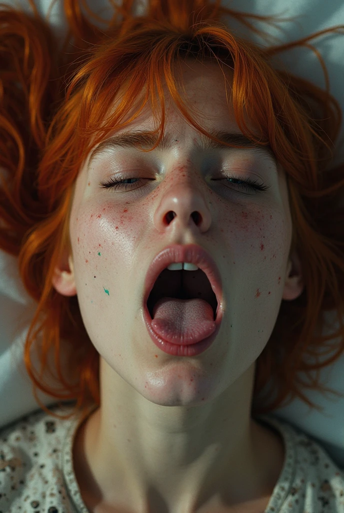red hair sleeping beauty sweet youngest German grandchildren nymph with a ("huge pink pacifier in her mouth":1.2), freckles, moles, skin imperfections, messy hair, simple pink cotton bra, naked bushy hairy crotch, ("deeply sleeping totally abandoned on a white soft bed with his head deeply buried on the pillow":1.0), ("closed eyes":1.0), (very dark black night scene Caravaggio style, backlit), bokeh, full body shot, hasselblad camera, 8K, ultra realistic, ultra detailed scene, low angle shot