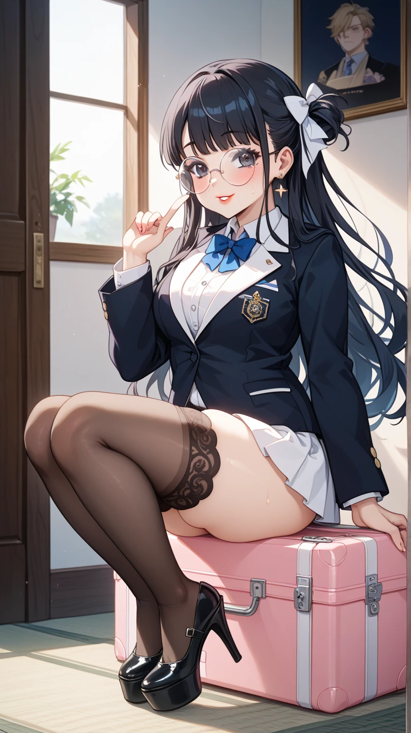 finest, masterpiece, High resolution, (Full body view from head to toe), Composition from slightly below the front, Symmetrical, 18 years old, slim and beautiful girl, alone, (small breasts), (not wearing shoes),Unkempt brown hair, bangs, (black tights), (black pantyhose), tied up with both arms hidden behind the back, , blush, shy big eyes, looking at camera, blazer uniform, plaid pleated skirt、Panties around ankles、Black knee-high socks