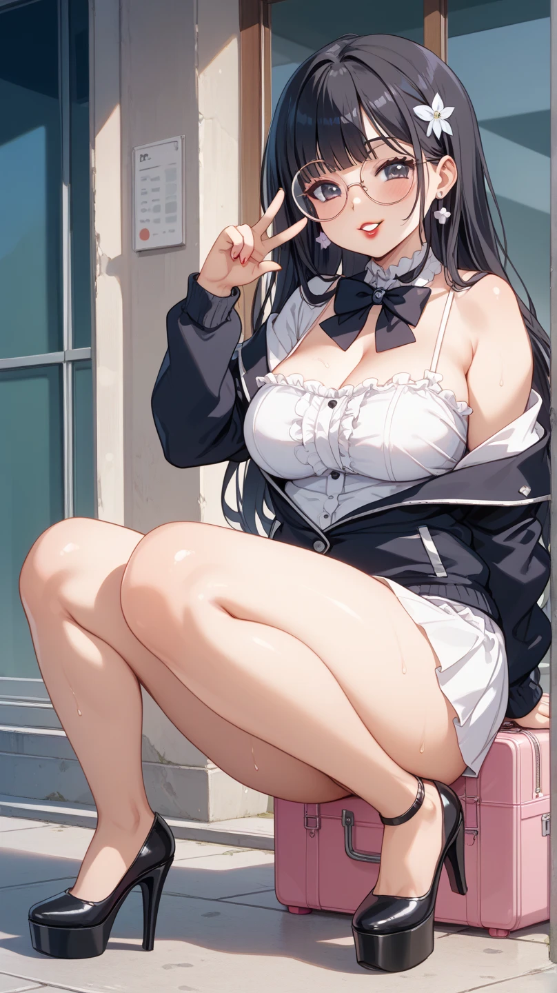 score_9, score_8_up, score_7_up, uncensored, 1girl, solo, female focus, manhattancafe, ahoge, black hair, horse ears, horse girl, horse tail, hair between eyes,toes, sitting, toenails, toeless legwear, feet, crossed legs, toenail polish, shiny glossy skin, clothes around waist, nail polish, smile, looking at viewer, bench, black thighhighs, cleavage, grin, underwear, sports bra, black choker, medium breasts, teeth, pink nails, pink bra, red-framed eyewear, barefoot, collarbone, stirrup legwear, jacket around waist