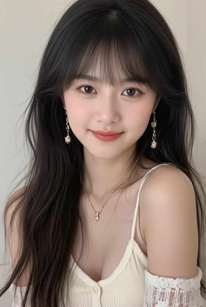 (A woman wearing an off-the-shoulder dress staring)、Very beautiful woman、Japan woman at 21 years old、(Highest quality、high resolution、High resolution、High definition、masterpiece、16K:1.2)、(whole body:1.3)、In the lounge of a luxury hotel、Marble floor、Luxurious chandelier、((Nikon Z9 NIKKOR Z 50mm f/1.2 S 50mm F/11 1/40secs))、(RAW Photos、Photos like the real thing、Clear photos:1.1)、Perfect proportions、8th life、Long legs、Detailed face and eyes、Dark brown eyes、Lifelike skin texture、A ruddy face、slightly blushing face、Cute Face、Sharp face line、Beautiful feet、Beautiful breasts、Medium breast、Narrow waist、Glossy lips、Beautiful clavicle、Beautiful décolleté line、Semi-long hair、slightly wavy black hair、Beautiful hair with luster、Female college student、Off-white dresses、Slit dress、High heels、With a refreshing smile、