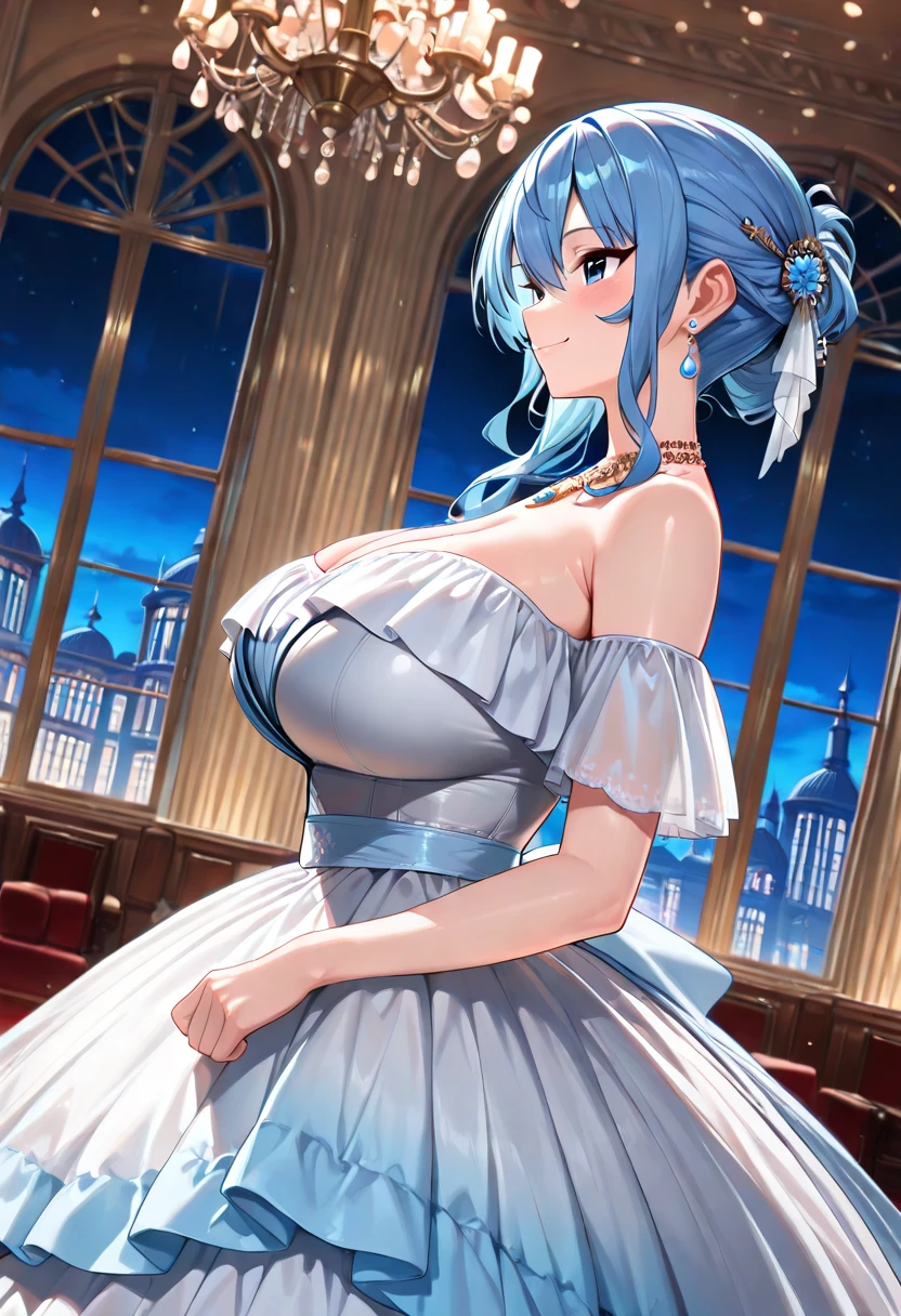 Galina, 20 years old, long dark blue hair, fuxia eyes, huge breasts, putting on her silver gala dress with glitter of stars, being in the palace room at night, saying the mission plan with an evil face..