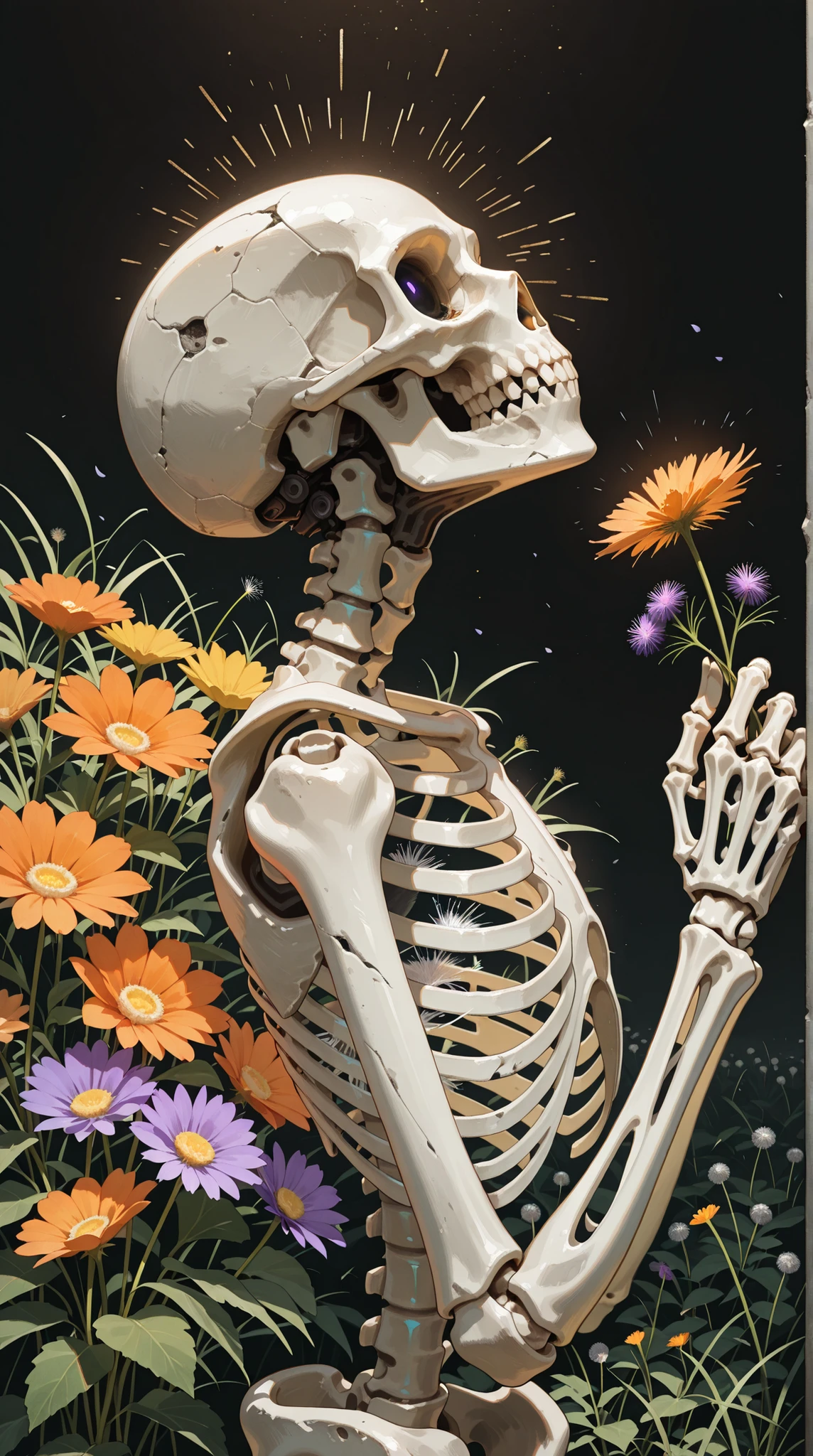 skeleton with flowers in her hair and a flower crown, skeleton girl, saint skeleton queen, metallic skeleton, thin skeleton, Her skeleton is beautiful, Fleshy Skeleton, ( ( ( skeleton ) ) ), textured detailed skeleton, Flowers grow from the body, Hauntingly Beautiful Zombies, half woman half skeleton, Unforgettable beautiful art, Anatomically perfect, female death