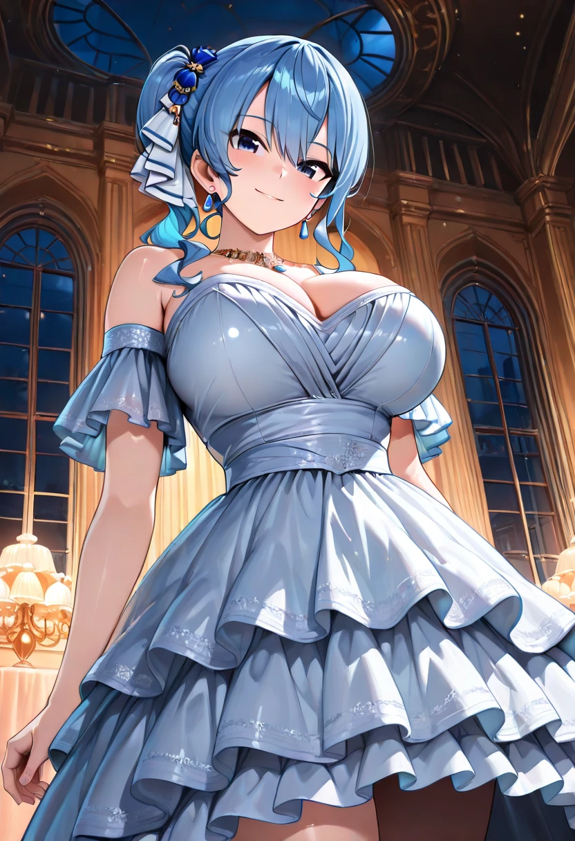 (Highest quality:1.2, Attention to detail, masterpiece:1.2, Best aesthetics), (1 person), Cowboy Shot, (Light blue hair, Twin tails, Asymmetrical bangs, Bright Blue Eyes), 美しいAttention to detail目, Beautiful lip detail, Highly detailed face, Detailed Fashion, elegant, luxury, High quality fabric, Shine, Shine, smile, Random Pause, Dutch Angle, wilderness, night, Dramatic lighting, Cinematic, Bright colors, Intricate details, Chiaroscuro lighting, White Birdcage Skirt, White Bustier Corset, White Goth, White High Heels，