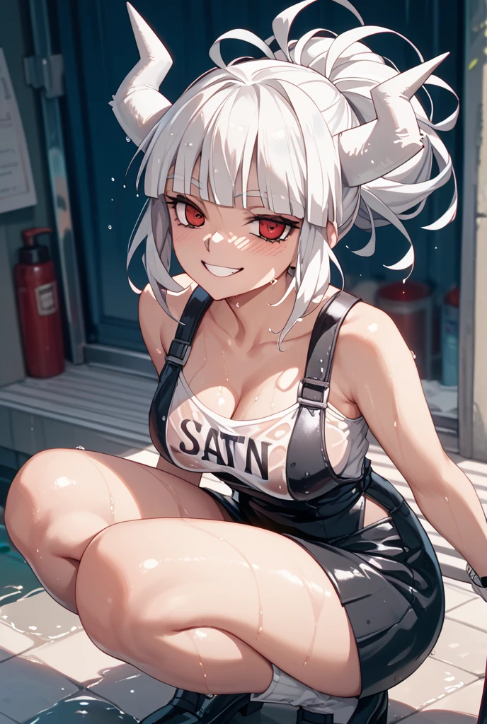 female, silver long hair, red eyes, (((1girl))), (((black tank top))), (red panties), cute and ????, full body, ?????????????, ??????????, long legs, smiling