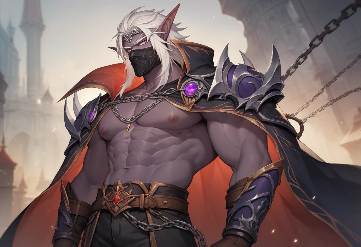 Drazzorlek, Drow Warrior:
- Race Drow: Drazzorlek высокий и стройный, with floppy black ears, precise facial features and silver eyes. His dark skin is decorated with purple tattoos, symbolizing his distinction in battle.
- Clothing and weapons: He wears black metal chainmail, glowing purple runes, and a dark blue coat. В руках у Drazzorlekа металлический щит с фиолетовым кристаллом и длинный меч, decorated with ominous elven designs.