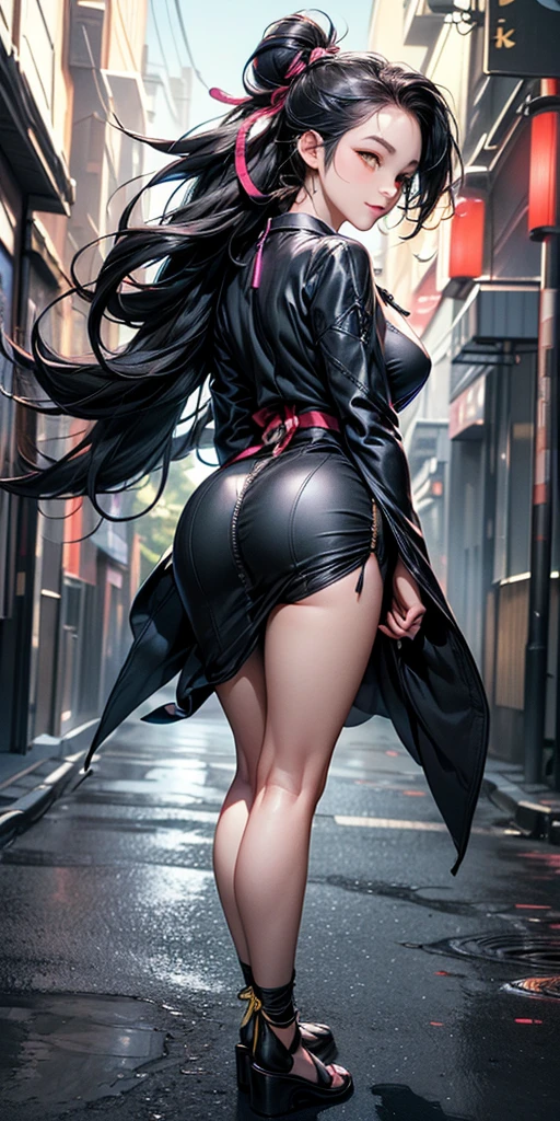 ((full body photo, feet on the ground, straight body)) {Marina:Super Kawaii woman, big breasts}; {black with red/exhibitionist/extremely tight body props/costume/latex/Batman/Spider-Man}. She is in {a city taken by evil, at night, raining hard, thundering}, Her body and hair {are extremely soaked with water} . She has {black hair, very short and slick; eyes:green; is smiling, looking at the viewer}; Ninja, High detail, anime, 16k, UHD, retina, retina, ccurate, anatomically correct, textured skin, super detail, high quality, award-winning