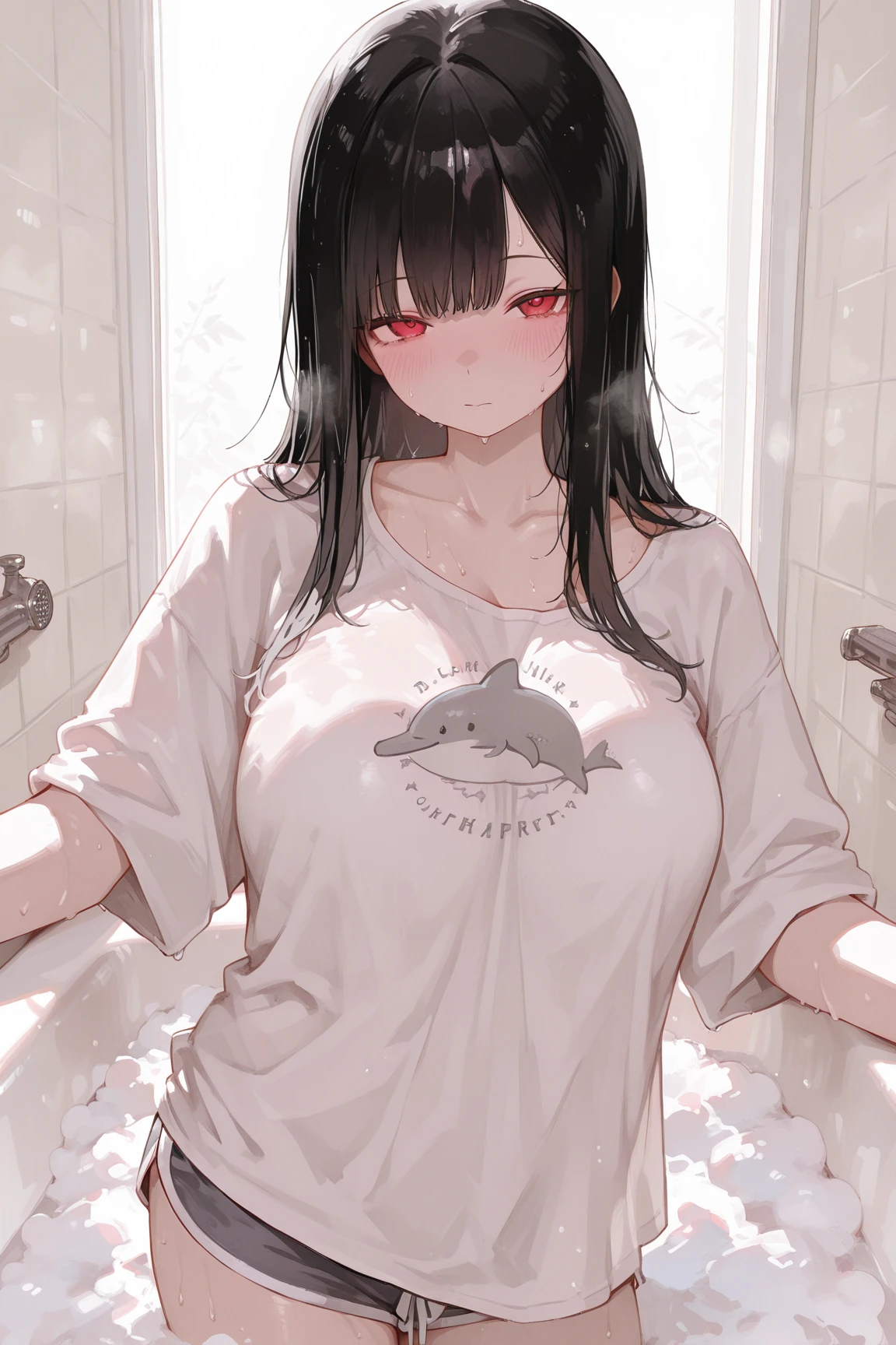 underdressing,Camel toe,shy,Red Eyes,Sweat,Soaked,liquid,transparent,Expression of disgust,Sitting,Back