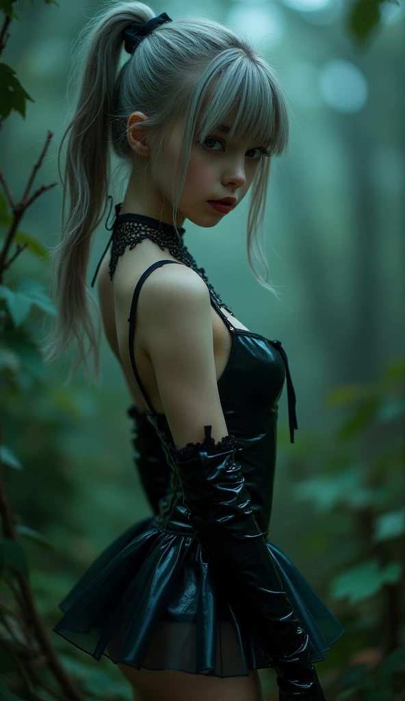 Dark night scene, spooky, mysterious, dark, evil.
(fluorescent colors:1.4),(translucent:1.4),(retro filters:1.4), (fantasy:1.4), mysterious ethereal woods in the background. Misty, magical. nighttime. Moonlight dograys cutting through the deep dark forest. Moonlight.
(Colours: Pastel pink, turquoise, black, silver), diamonds sparkle, hyper realistic
Ultra quality cinematic lighting immense detail Full hd painting, diagonal bangs,
one ultra hot gorgeous romanian girl, age 13, collared dress, on side, masterpiece, best quality, realskin,(portrait:1.5), 1girl, blunt bangs, long hair, silver hair. cut-out sections of dress, revealing body. seductive expression.
dramatic lighting, dynamic pose
