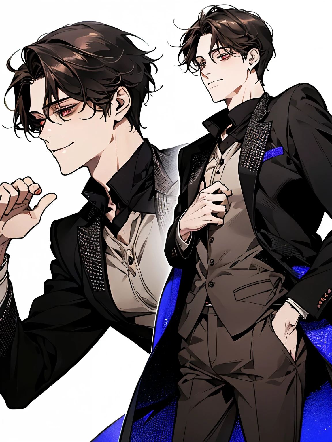 sozinho, Anime cartoon of a man with black hair and red eyes, clean anime sketches , prayer position, side bangs, medium hair length, anime portrait of a handsome man, male anime style, wry smile on face