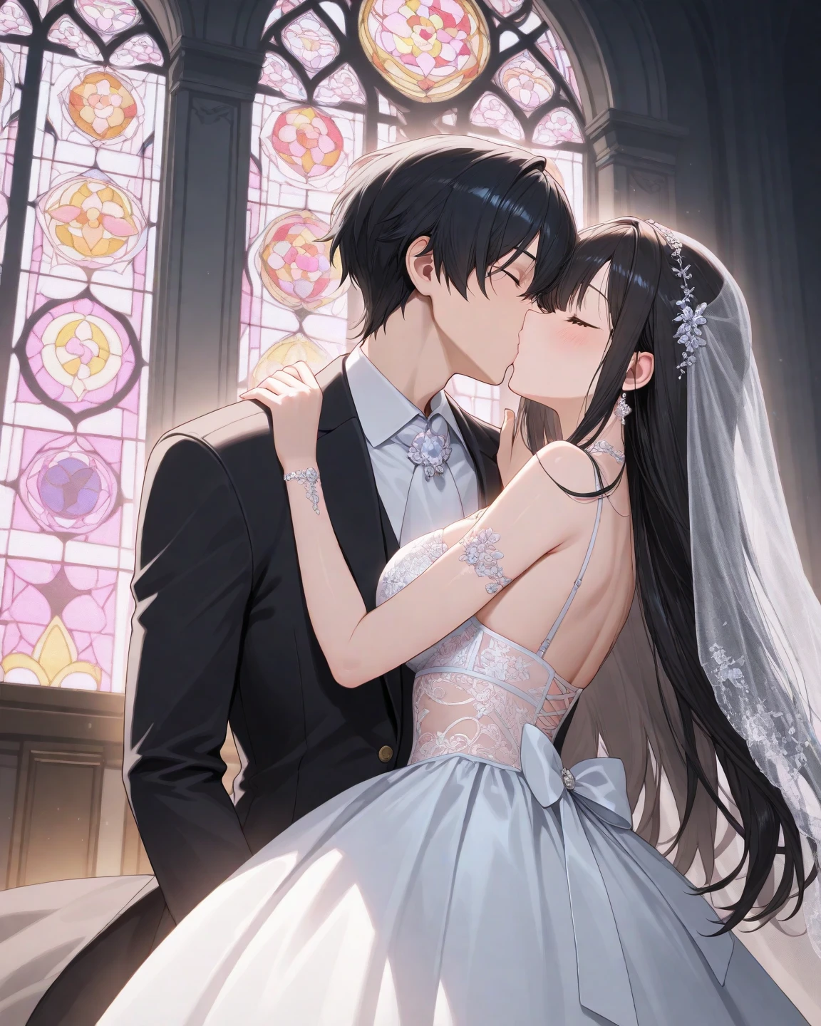 A man together with his wife inside a church, a wedding ceremony, church with white marble floor, white wall, a large glass window in the background with a view of the sea, daytime location, (Man wearing a black suit and black tie, white shirt, black pants, black shoes, black hair, black eyes, smiling, perfect eyes, perfect face, silver ring on her finger, Fairy_Tail, Gray_Fullbuster), (Wife wearing white wedding dress, exposed shoulder, big breasts, red eyes, black hair, long hair, ahoge, silver flower clip in her hair, smiling, perfect lips, perfect eyes, kawaii face, silver ring on her finger, white heels, Azur_lane, IJN_Taihou)UHD , prime work , accurate , anatomically correct , textured skin , super details , high quality , best quality, 8k, high resolution, bokeh effect. (just a man and his wife)