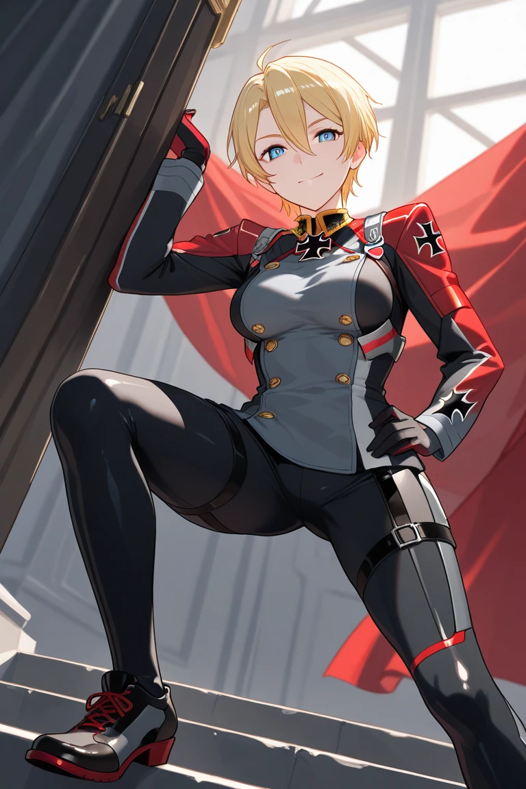 (((Official art,product art,superfine illustration,hight resolution, masutepiece,Detailed beautiful eyes,best qualtiy,Best Quality,Highly detailed CG Unity 8k wallpaper))),hightquality, detaileds, (A little boy),12 years old, A young soldier idol with a fearless face.,A boy who looks like the prince of tennis、 Standing, Cool handsome face with smile, long boots、 Long legs, thighs thighs thighs thighs, Foots, Bulge, (Blonde mesh、)、 Short,、spiky hair、Shiny hair, boy with sharp eyes, (Tight, Shiny futuristic combat uniform、), Cool pose, (thick thight,Big buttocks),(((garrison base)))、Puffiness in the crotch area、((cocky、))、Smirk、Spread legs,Ultra-fine painting, (Best Quality, 4K, 8K, hight resolution, masutepiece:1.2),(((Being aware of the sexual gaze of middle-aged gay men)))、Service Shots、 Show off your crotch、Leather Long Gloves、