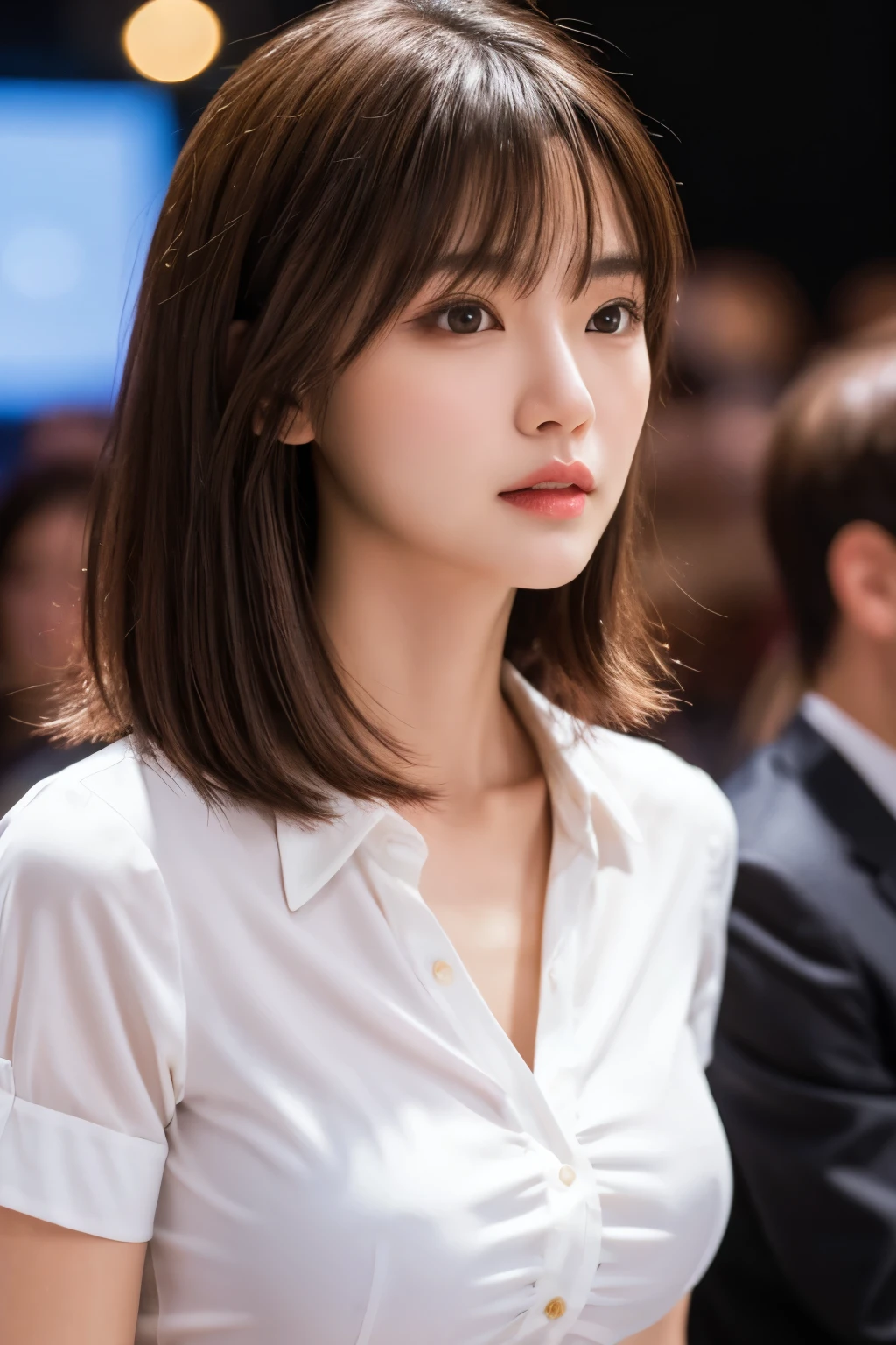masterpiece, best quality, ultra-detailed, intricately detailed hyperdetailed, realistic, sharp features, highly detailed, sharp focus, , perfect face, perfect face, perfect symmetrically perfect eyes, perfect full lips, flexible female form, cinematic, film light, hyper detailed, hyper realistic, high resolution, vibrant, dynamic studio lighting, ((Dark background)), short hair, straight Bangs, cleavage, brown Eyes, White sweater, cowboy shot,