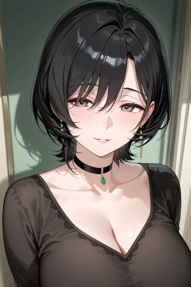 {8k image}, 1beautiful mature woman (MILF), 40 years old, thin lips, pointed nose, upturned eyes, oval face, tanned skin, yellow eyes, short black hair (pixie cut), wearing a plaid shirt (black and red), {looking directly at the viewer}, {facing forward}, {perfect anatomy}, {image focused only on the face}, {face portrait}, sweet expression on the face, background unfucused