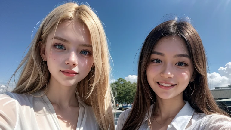 realistic portrait photo of two women in their 30s, beautiful face, nice appearance, blonde and very wavy hair, parts, naked, standing on the beach, with sand stuck to the skin, smiling relaxed expression, overflowing with emotion, interplay of contrasts along with detailed lights and shadows, depth of field, clear atmosphere, wind in the face, emotional