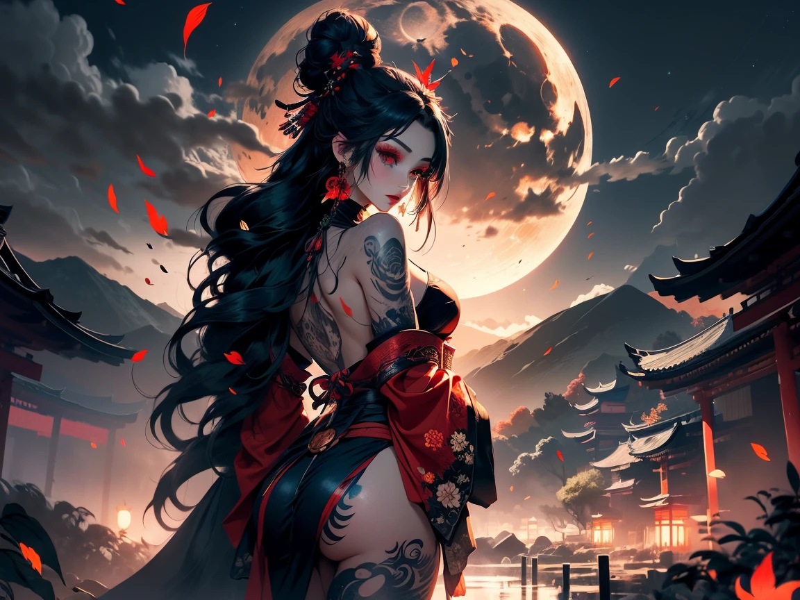 Masterpiece, best quality, night, hills, clouds, full moon, long hair, woman, silhouette, firefly, tattoo with the Chinese "treasure" on the arm