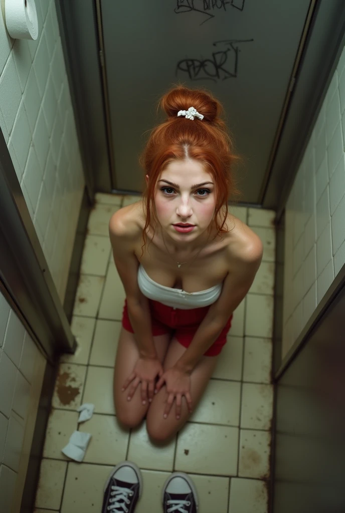 Fotografia, (obra maestra, 8k, mejor calidad:1.2), 1 chica, sola, 19 year old woman, caucasica, rasgos escoceses, in a bathroom, cuerpo completo, doble bien, trenzas dobles, con un vestido fresco corto rojo vino, cabello pelirojo, ojos perfectos verdes agua, tiro de vaquero, 8k, anatomically correct woman, con senos perfectos, manos sosteniendo un cuenco chico transparente bajo su menton, mirando al el observador, haciendo ahegao, foto realista, entorno relevante y detallado, colores vibrantes, dramatic lighting.DETENER.
