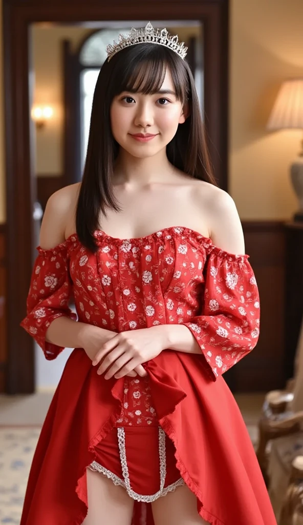 Medium view, medium shot, Depth of bounds written, bust, Upper body, cinematic angle, masterpiece, highest quality, Super detailed, cg, 8k wallpaper, beautiful face, delicate eyes, maiden, alone, smile, bangs, skirt, shirt, have, Crimson dress, bow, petal, bouquet