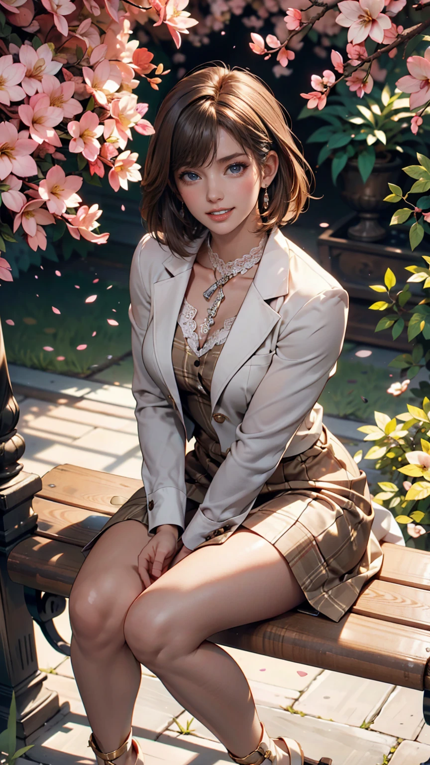 masterpiece、high resolution 8k、NSFW、sharp focus、contrast lighting、fine skin、muste piece、 highest quality、Ultra - High resolution、Super high resolution、Highly detailed CG、woman is laying down in a field of purple flowers、woman is wearing a pair of blue headphones. She is smiling and seems to be enjoying a pleasant moment of relaxation.、beautiful eyes、(Detailed face and iace:1 2)、narrow eyes、almond eye、Black pupil、eye gradation eye highlight:1.2)、(light reddish brown hair、middle、asymmetrical bangs)、(ID card、Blazer for office wear shortage、white cutter shirt、black pencil skirt、pumps)、(plump lips、gross、glossy lips、small breast size) 、(oval face : 1.4)、(thin fingers、fine arms、detailed human hand)、laughter half open、teeth visibl
