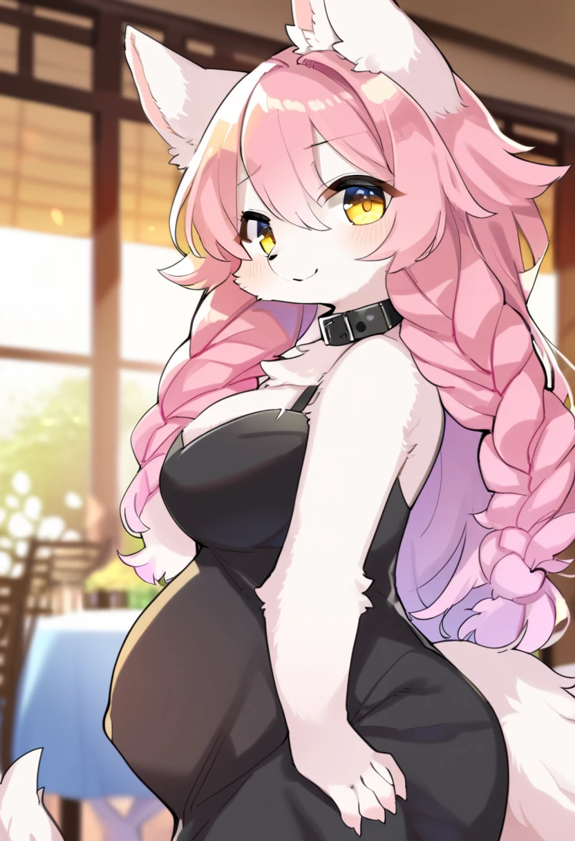 (best quality,Amazing,masterpiece,delicate,ultra high res,ultra detailed,intricate detail,beautiful detailed,finely detailed,8K,sharp focus,(extremely detailed CG, 8k), (white body:1.4, pink and white ears:1.5, arctic Fox, Fox tail:1.4, pink tip of the ears:1.7, big breasts:1.06, pink iris:1.3, pink claws, sexy expression:1.3, white hair with pink highlights:1.6, round breasts, detailed eyes, small nose, hairy, Very fluffy thighs:1.5, Chubby:1.33, sexy, pink tip of the tail:2.2, (chest fluff:1.5), detailed eyes, sexy, thick thighs:1.1, teenager, busty, short stack:0.8, breathless, Very fluffy body, Very fluffy thighs:1.4, medium hips:0.9, cute expression:1.3, long hair:0.96, furry body, perfect posture:1.2, ((perfect Anatomy)), emo hair, hair covering eye:1.8, sfw, solo, fluffy fur, detailed fur:1.2, looking at viewer, detailed fur:1.8, furry body:1.9, fluffy fur:1.9, fluffy thighs:1.8, golden earring on ear:1.4, small ears:1.7, cat ears:1.5, fluffy ears, pink eyeshade:1.8, sexy pose, standing, walking, long dress, Fox snoot, pink nose, leakage of thighs, two tone purple dress, star dress, stars patterns dress, cleavage, background, thick thighs:0.9, stylish, by castitas)