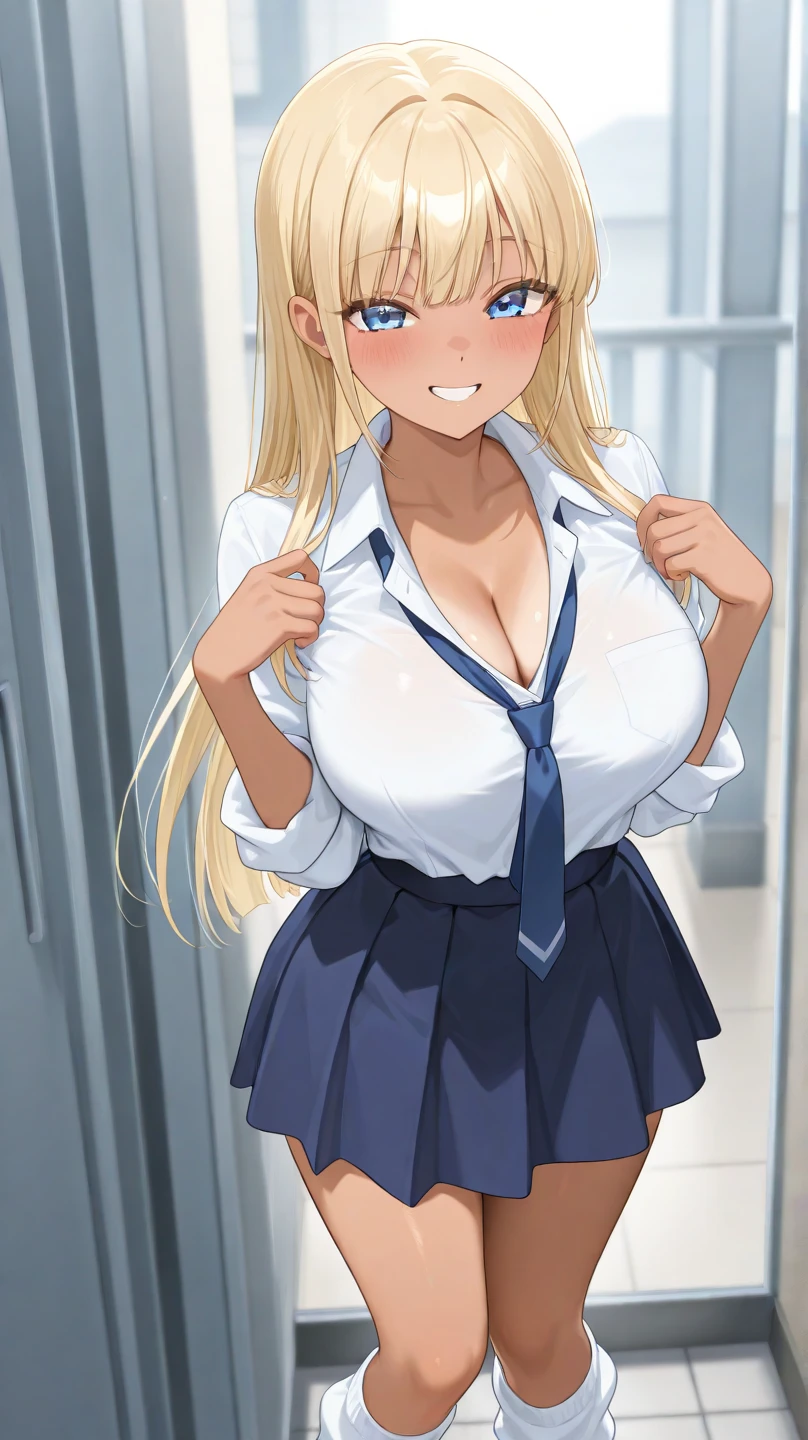 1girl,blonde hair, blue eyes, twintail,huge breasts, ,tight shirt, school uniforms,miniskirt,school hallway,(makeup:1.1),lipstick ,smirk, groin, navel, low skirt, pubic hair peak,pussy peak