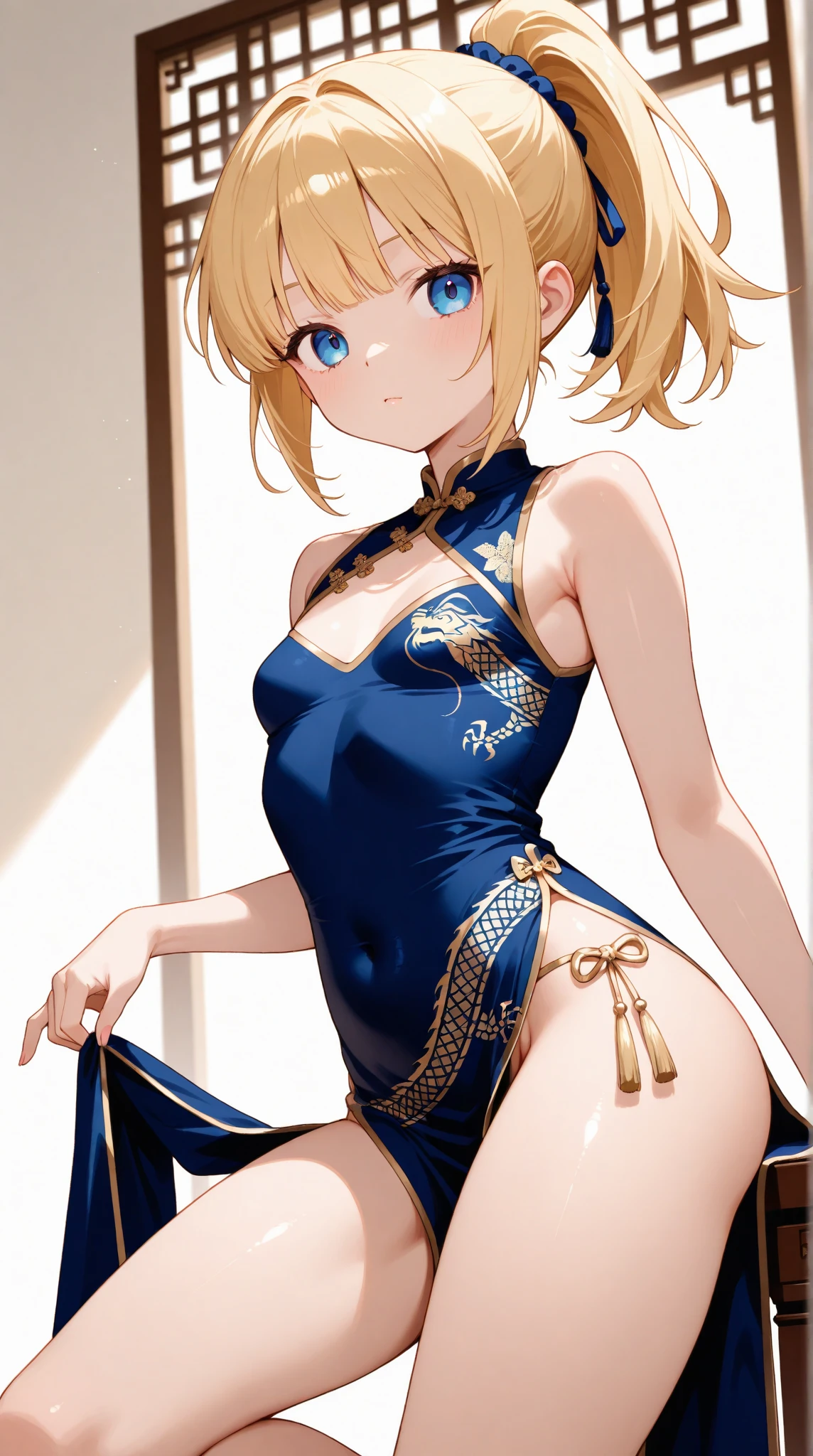 (masterpiece,highest quality,超A high resolution),Japanese women, (((Very beautiful 18 year old girl))), pretty girl、Look at the photographer、 ((Beautiful blonde bob hair)), Very cute face, Glossy Lips, Double eyelids on both eyes, blue eyes, Natural smile、 Natural Makeup, Long eyelashes, Shiny and smooth hair、Center image, Perfect limbs, Perfect Anatomy,(((Shiny Chinese Dress white panties))),Show panties、Bite、Streaks are visible、Wet with sweat,Cowboy Shot,Accentuate your butt、Big Ass、Sit on a chair