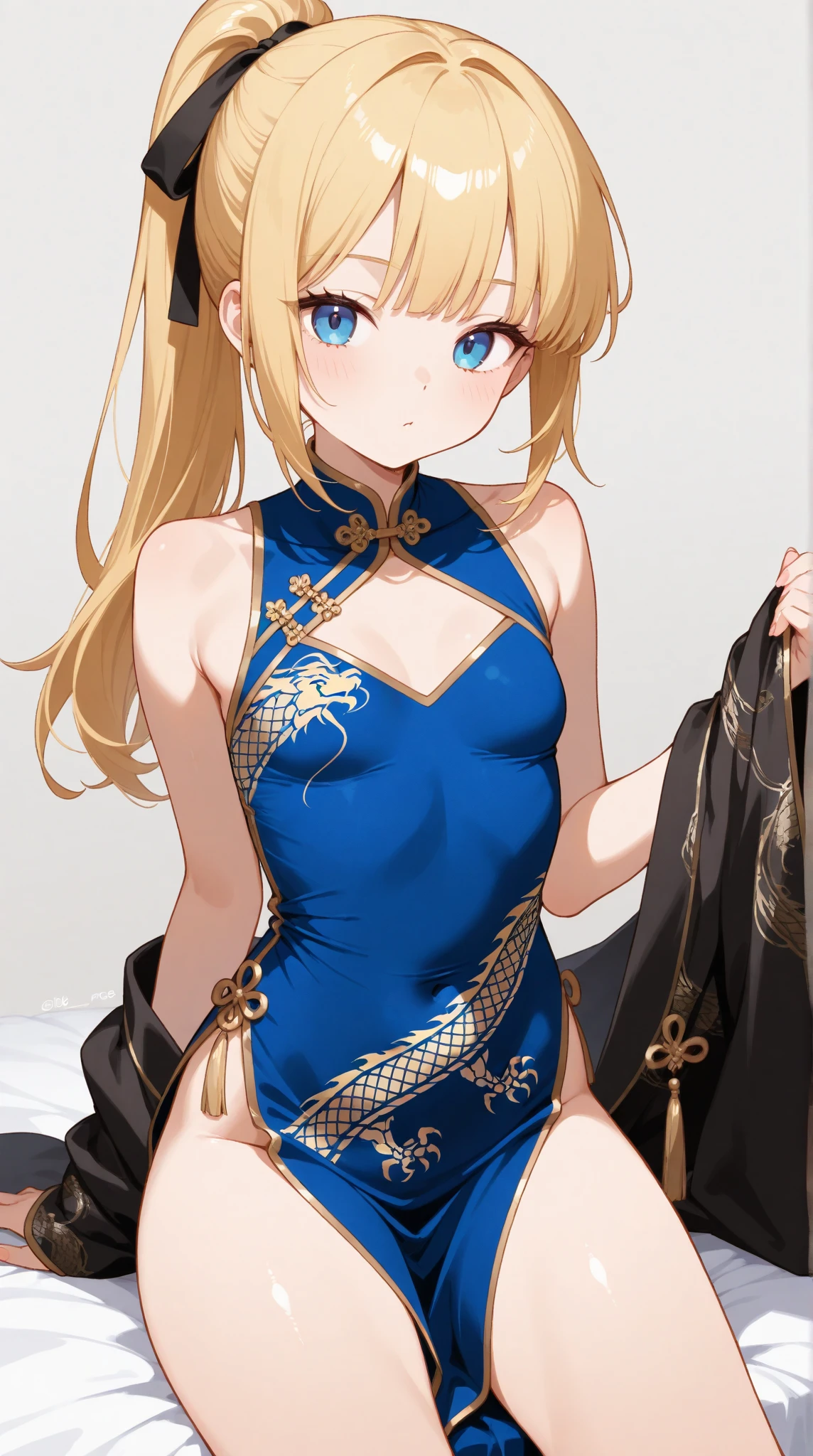 masterpiece,best quality,highres,ultra-detailed,aakawori,1girl,blue eyes,blonde hair,long hair,<lora:miyazono_kawori:0.8>,bare shoulders,china dress,chinese clothes,short dress,cleavage cutout,sideboob,thighs,hands_on_hips,furrowed_brow,indoors,small breasts,