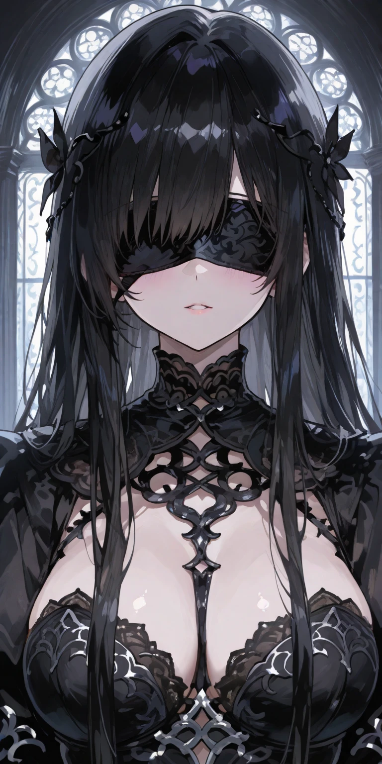 character//1 girl,(Shiny black hair that shines blue-black:1.2),((curly long hair:1.2)),((blindfold:1.5)),BREAK//([jet black wedding dress:1.3)),(A black dress with lots of frills and different hem lengths at the front and back.:1.4),((transparent black veil:1.3)),(nails are sharp and long:1.4),((Large earrings that sparkle suspiciously:1.2)),((black bouquet:1.4)),BREAK//((skull crystal hair ornament:1.2)),((Transparent crystal in the shape of a skull:1.6)),((skull crystal size:1.6)),((Baring teeth and smiling:1.2)),BREAK//((black rose flower:1.4)),BREAK//((Vague white steam rises against the black darkness background:1.3)),(((No background:1.2))),((small breasts:1.3)),(close up of face)