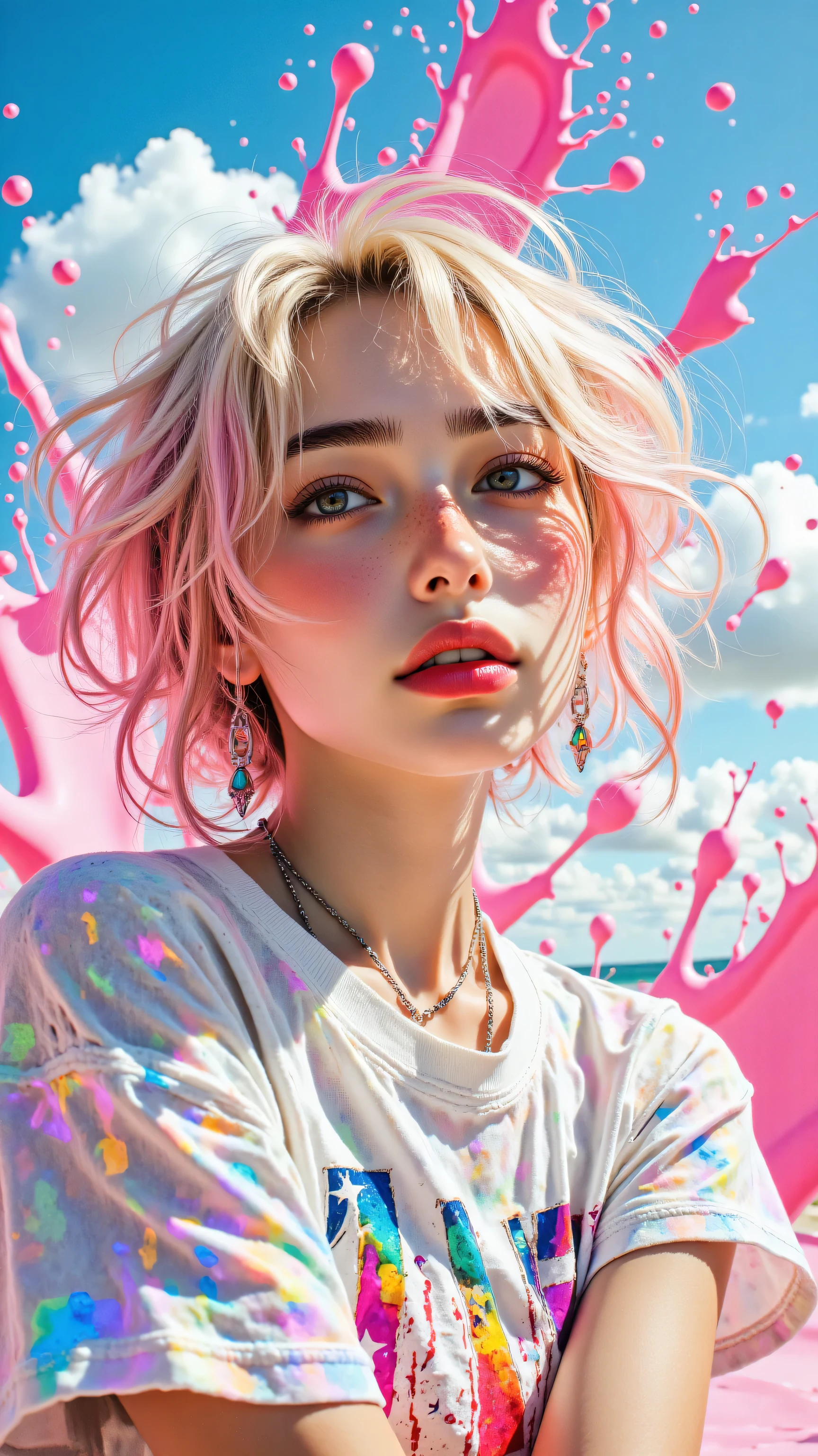 8k, Masterpiece, Top Quality, close-up portrait, eye-level, woman with short wavy platinum blonde/pink hair blowing upwards, pink heart makeup on cheeks, looking up slightly, playful confident expression, wearing iridescent holographic short-sleeved shirt with rainbow accents, silver necklace, clear dangle earrings, bright outdoor lighting, blue sky with clouds background, abstract pink liquid splash effect behind head, vibrant pop art illustration style