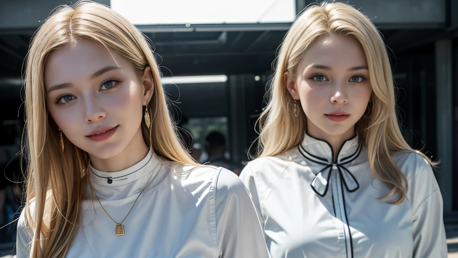 Two young and beautiful white beauties with platinum blonde hair walking at a distance、Beautiful twin beauties wearing white blouses with collars inside android suits, aged 20 , A clear blue sky during the day、Two young and beautiful blonde beauties wearing android suits、smileで歩く若くて美しい双子美女, blond and blue eyed, Blue eyes and blonde hair, Blonde woman wearing a white blouse with a collar, blonde hair blue eyes, 長い blond and blue eyed, Cyber protector covering the whole body, 襟のファスナーが首元まで閉じているHigh Neckのデザイン,High Neckのサイバースーツ, High Neck, Two platinum blonde beauties with shining blue eyes,smile、gorgeous earrings、 blue eyes are blue and moist ,gorgeous necklace、Two wealthy young and beautiful blonde beauties,cyber suit that covers the whole body、half model young and beautiful white beauty、High Neckのインナー、 Blue Nail Polish 、realistic textured skin、Golden Clothes Shine,Face like a French doll、half model young and beautiful white beauty、16k,UHD,High Quality、口を開けてlaughs,laughs、smile、upper body、focus on 2 beautiful blonde girls in the frame、Head position is at the middle height of the image、Two people walking at different distances on either side of the image