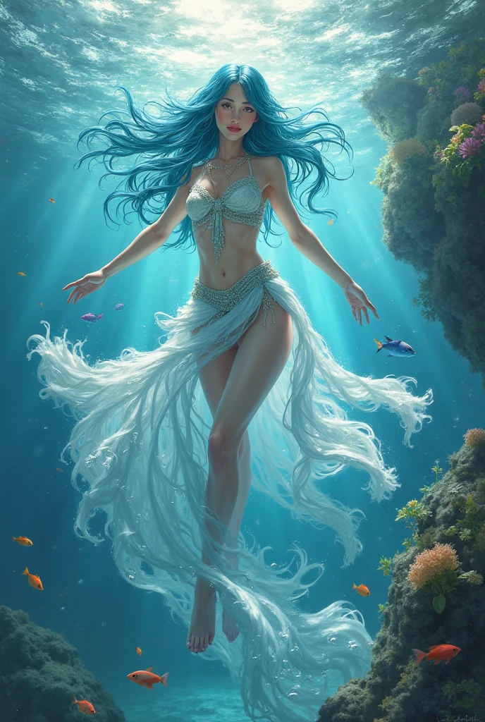 a close up of a woman with long hair in a body of water, goddess of the ocean, goddess of the sea, closeup fantasy with water magic, mystical atlantean valkyrie, karol bak uhd, water element, asian female water elemental, portrait of mermaid warrior, beautiful mermaid, portrait of mermaid queen, digital fantasy art ), azure. detailed hair