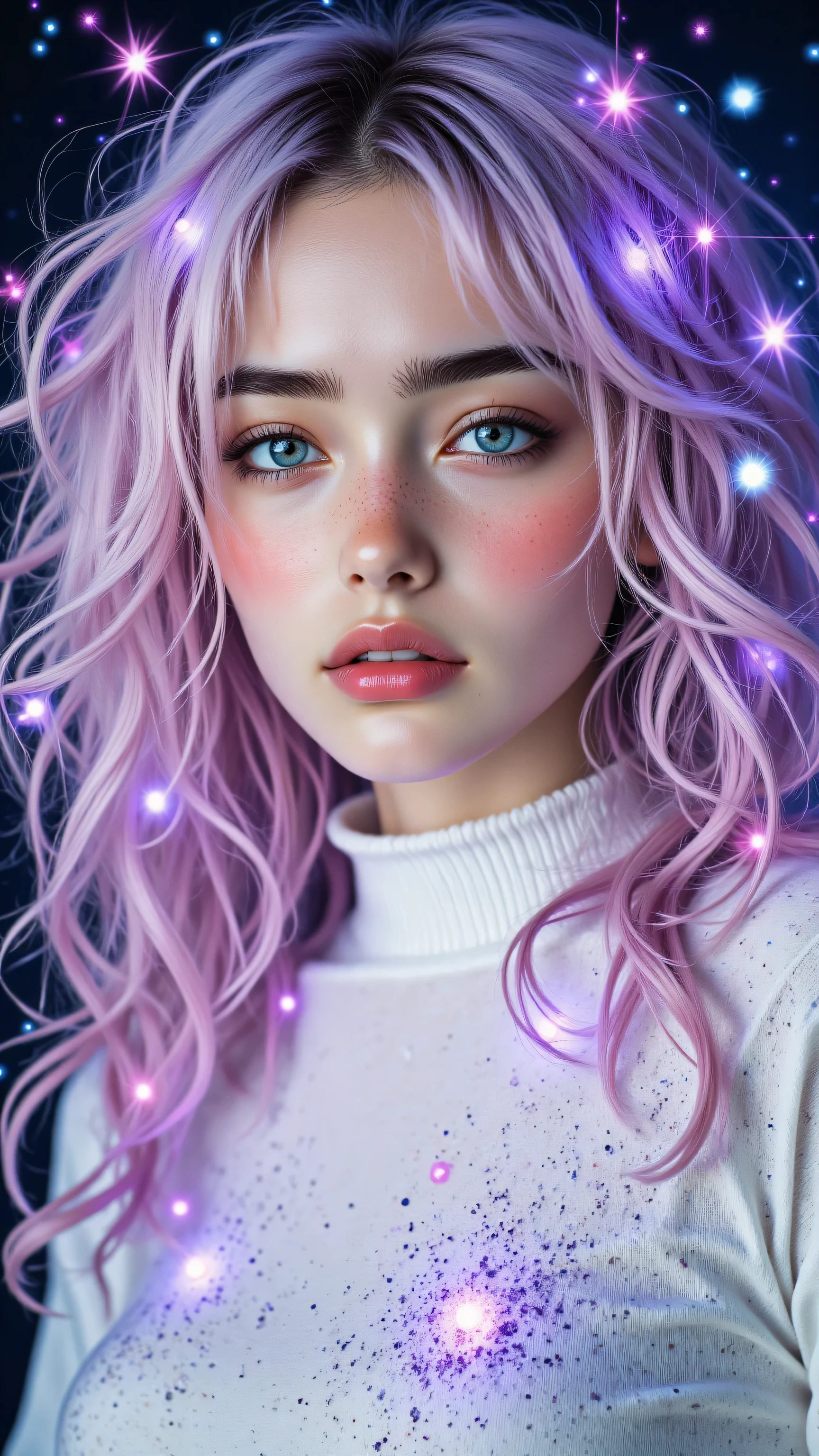 8k, Masterpiece, Top Quality, close-up portrait, eye-level, woman with wavy pastel pink/lavender hair with sparkling lights, light blue eyes, looking directly at camera, soft neutral expression, bright purple glitter eyeshadow, wearing simple white high-neck top, ethereal fantasy celestial style, body and hair covered in sparkling glitter particles (cosmic dust effect), soft glowing magical lighting (purple, pink hues), dark cosmic nebula background with stars, bokeh