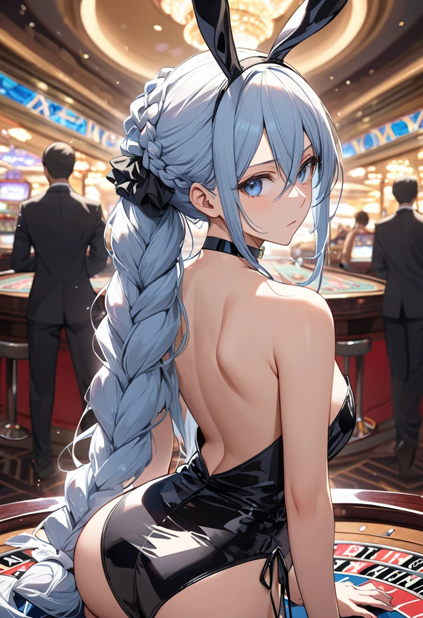 (Best Quality,hyper HD,オマンコのUltra-detailed細な,high details,Ultra-detailed,准确,masutepiece:1.2), 美しいa matural female,35 year old,Mature and sexy,my light blue long hair、Dark blue hair,red tinted hair,a matural female,house wife,セクシーなColossal tits、itting open legs,smil、bobhair、Blue eyes、(((luxury casino interior,Sexy black dress,Casino Roulette,Colossal tits, On all fours,)))