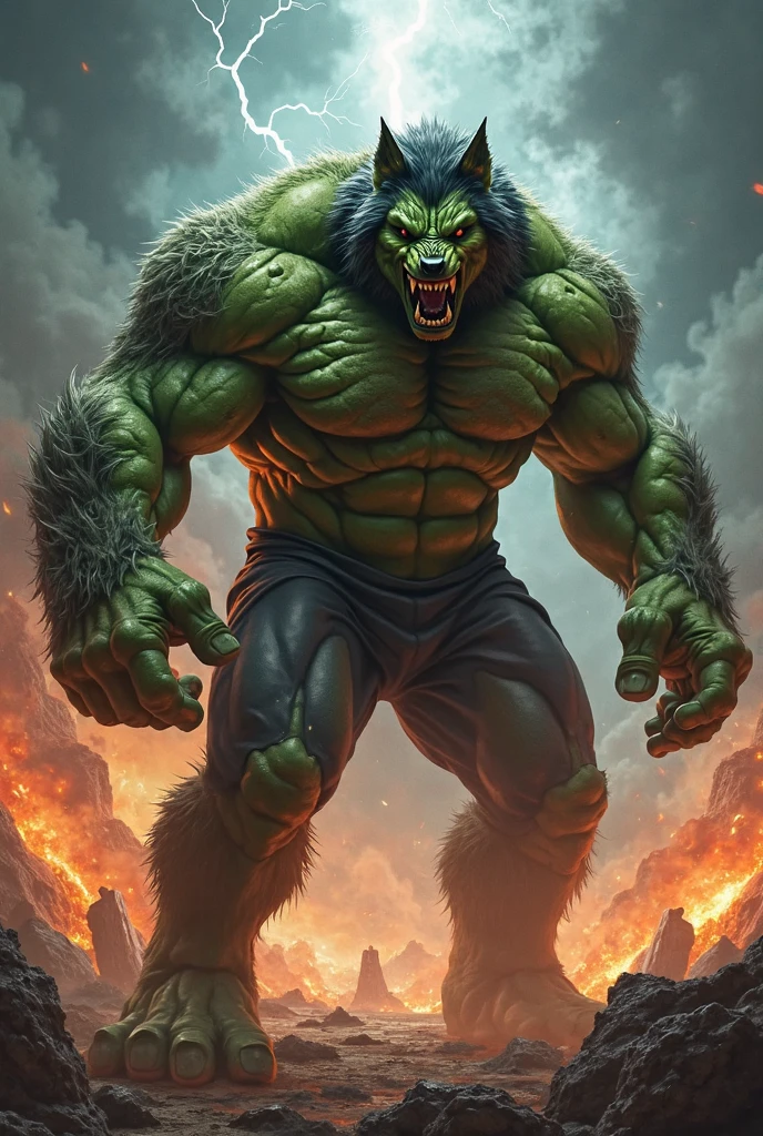 one punch man Style, Orc Style, big muscles, Axe, Magma Style, Red Eyes, black hair, messy hair, Fire Effect, HD, Anime Style, Big Size, Lion Face