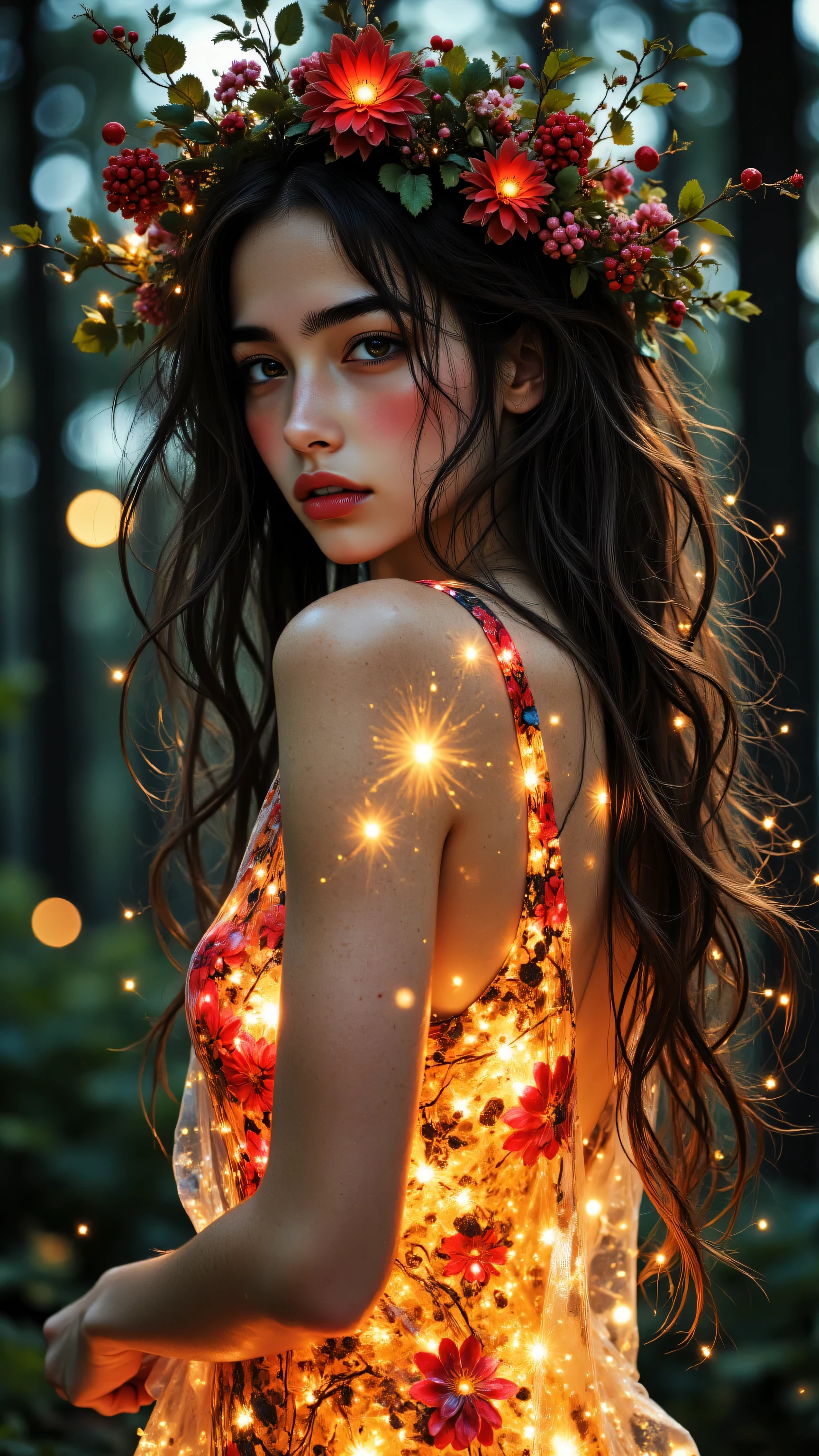 8k, Masterpiece, Top Quality, medium shot, waist-up, woman with long wavy brown hair adorned with flower crown (red berries, leaves) and interwoven glowing fairy lights, looking over shoulder towards camera, soft alluring expression, body made of translucent glass filled with swirling red and gold lights/embers, fantasy nymph, ethereal glowing being, soft moody forest background, twilight lighting, bokeh lights