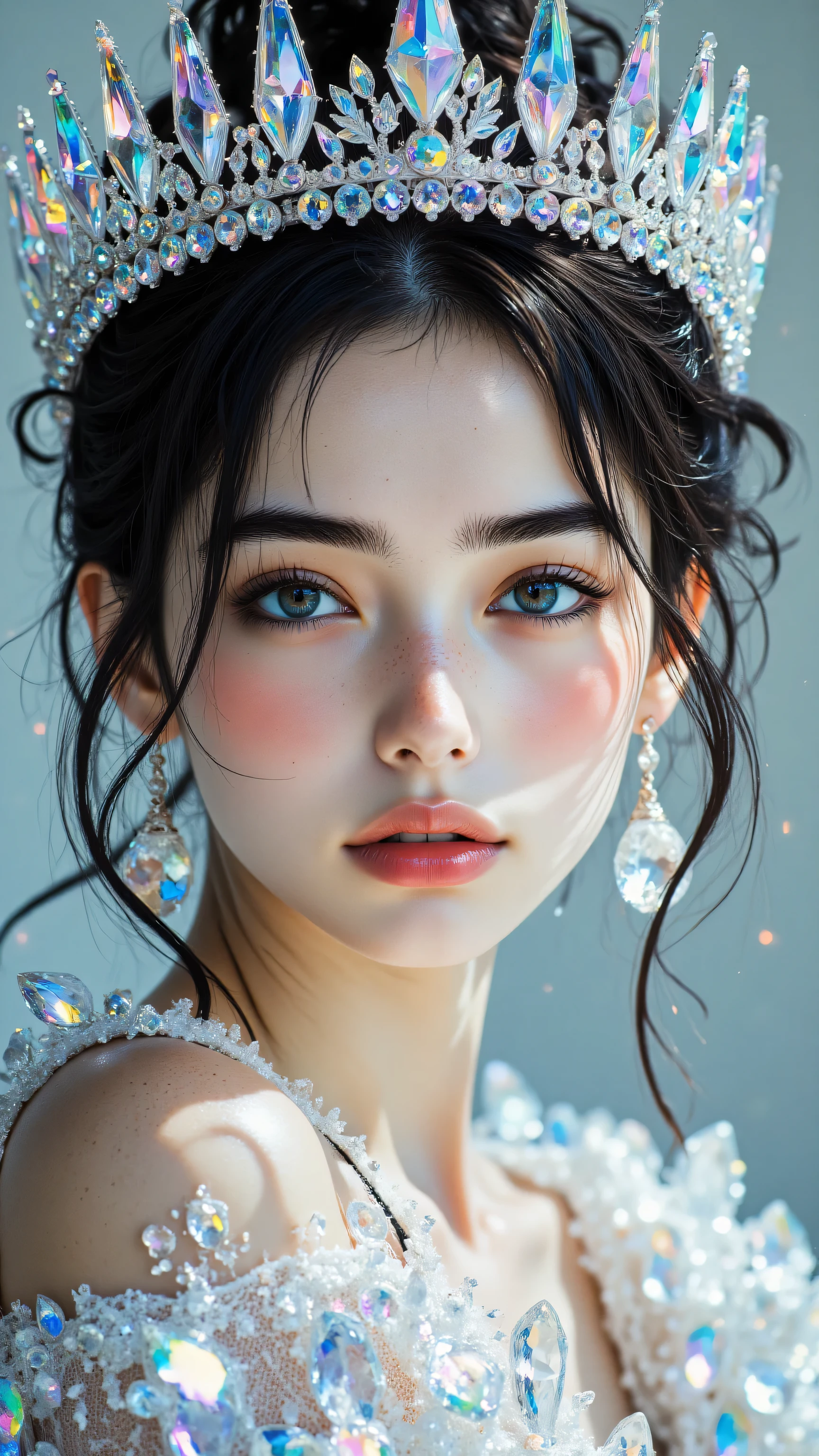 8k, Masterpiece, Top Quality, close-up portrait, eye-level, woman, dark hair in updo, light grey eyes, looking directly at camera, soft innocent ethereal expression, wearing elaborate iridescent crystal crown (sharp points, blue purple pink hues), large clear iridescent sphere dangle earrings, iridescent translucent crystalline shoulders/top, fantasy queen style, ice magic aesthetic, bright high-key lighting, sparkling highlights, lens flare, luminous quality, soft bright blurred background, bokeh