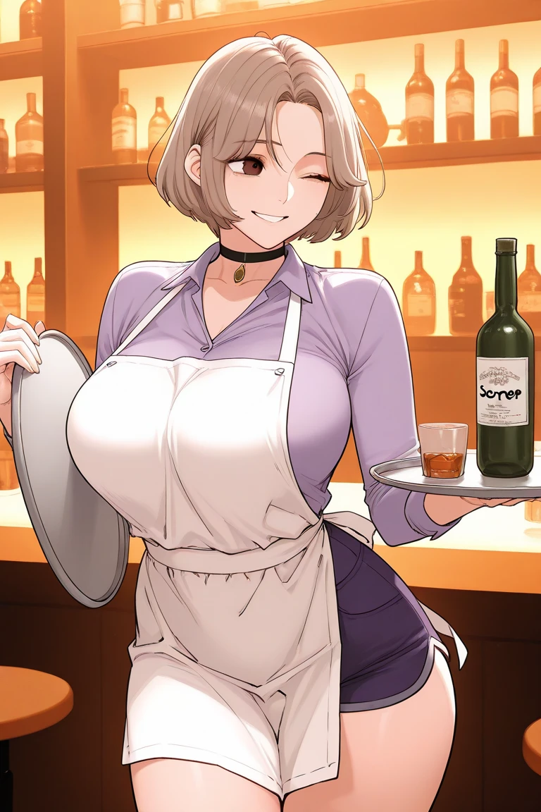 MILFs, a one woman, breasts big, gigantic breastss, Breasts huge, Mature female, heavy breasts, short hair, (silver-haired), light-skinned female, orange eyes, big-ass, Curvilinear waist, breasts resting on the table, with chin resting on hand, shoulders resting on the table, , Looking at Viewer, bra edges on sweater, neckleace , full breasts, breasts larger than the head, mature face, curvy female, thick-thighs, voluptuous female, black belt, delicate gloves, bra strap appearing, soft tits, female focus, Mom's breasts, mommy, charming countenance, Imposing female, high waisted jeans, cloth sweater, teasing with your breasts, sitting on a restaurant chair, a date, First-person view, in front of the suitor, Silly smile, hearts over the head, plates with food on the table, candle lighting, in an elegant restaurant, glass of wine on the side, sitting in front of the viewer, (sitting at a table in a restaurant), upper body shot, partially visible body, crowded restaurant in the background, in the nighttime, Romantic mood, silver-haired