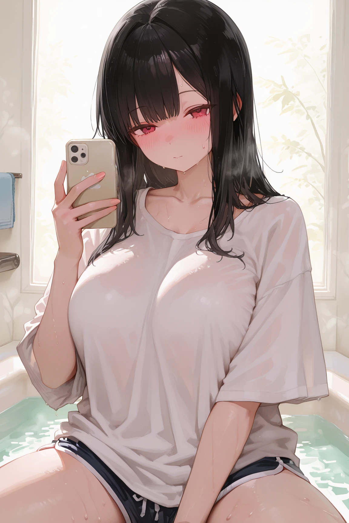 8K quality, masterpiece, live action, realistic humanity, realistic skin texture, natural skin, Japanese woman with long dark silky straight hair、 bangs, toned body, slim waist, smooth skin, Glossy skin, ray tracing, masterpiece (((naked))) ((Mirror selfie)) whole body (((indoor))) (((mini skirt))) big areola (((saggy breasts))) (((areola attached below))) ((black nipples))